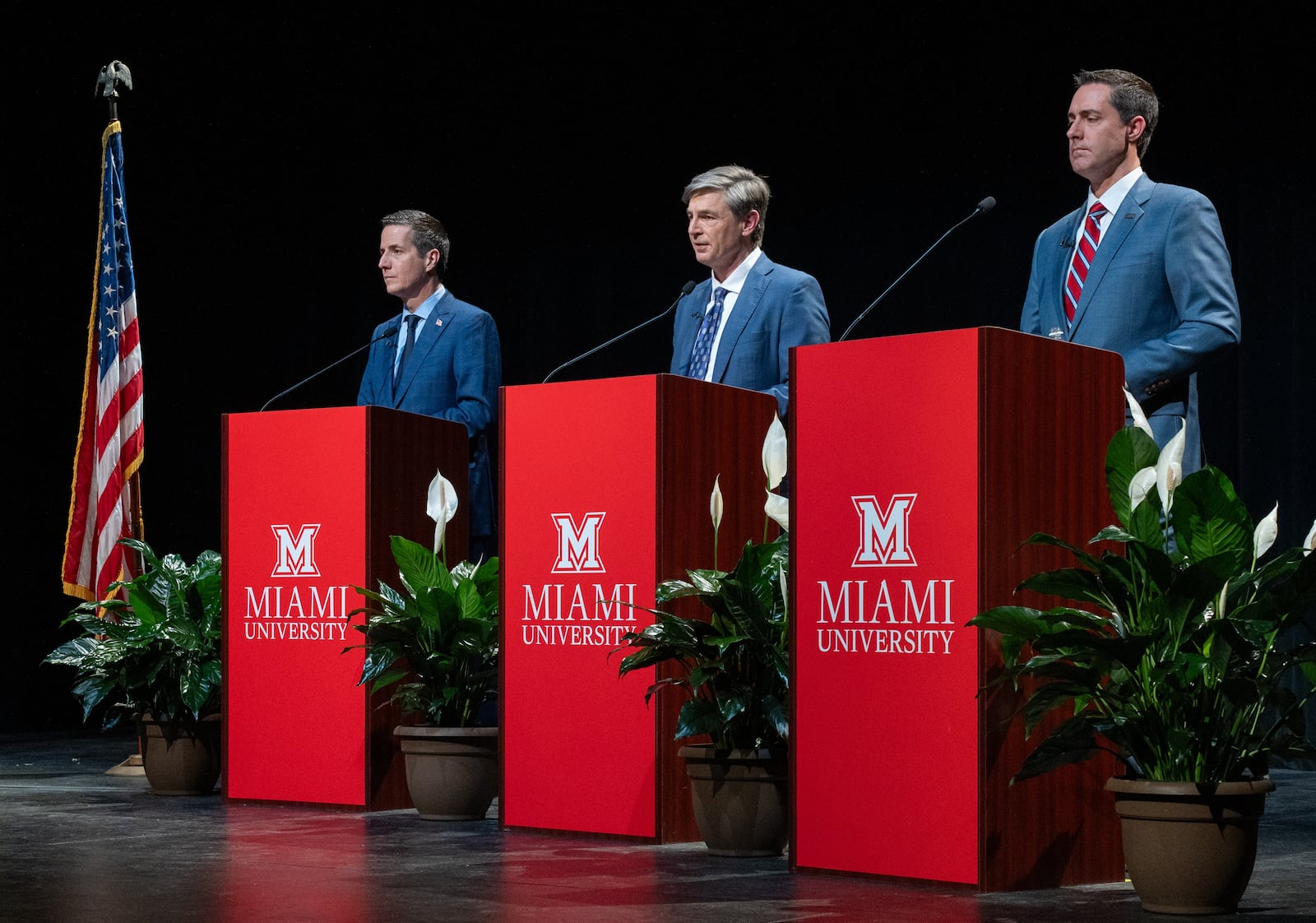 The Ohio U.S. Senate Republican candidates debate on Wednesday, March 6, 2024 at Miami University's Gates-Abegglen Theatre in the Center for Performing Arts in Oxford. Candidates Bernie Moreno, left, Matt Dolan, middle, and Frank LaRose answered questions from moderator Sheree Paolello. Pool photo