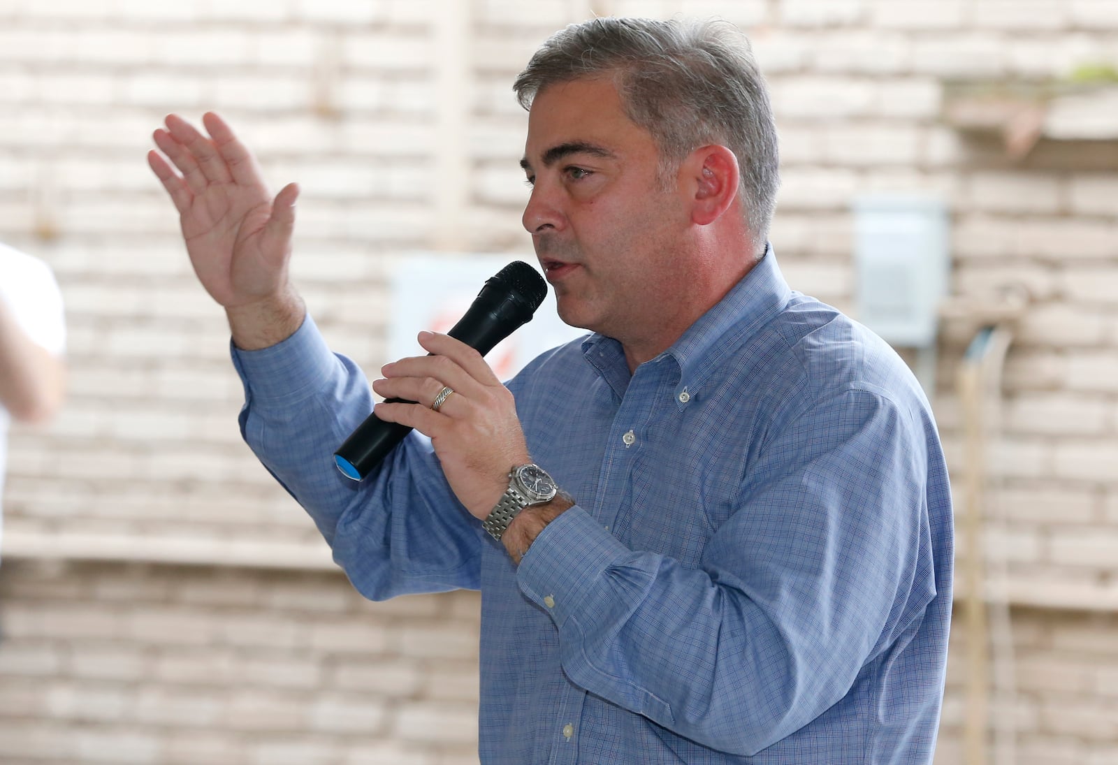 Mike Carey, Republican candidate for the 15th Congressional District, speaks at a Republican club meeting Monday, Aug. 9, 2021, in Powell, Ohio. (AP Photo/Jay LaPrete)