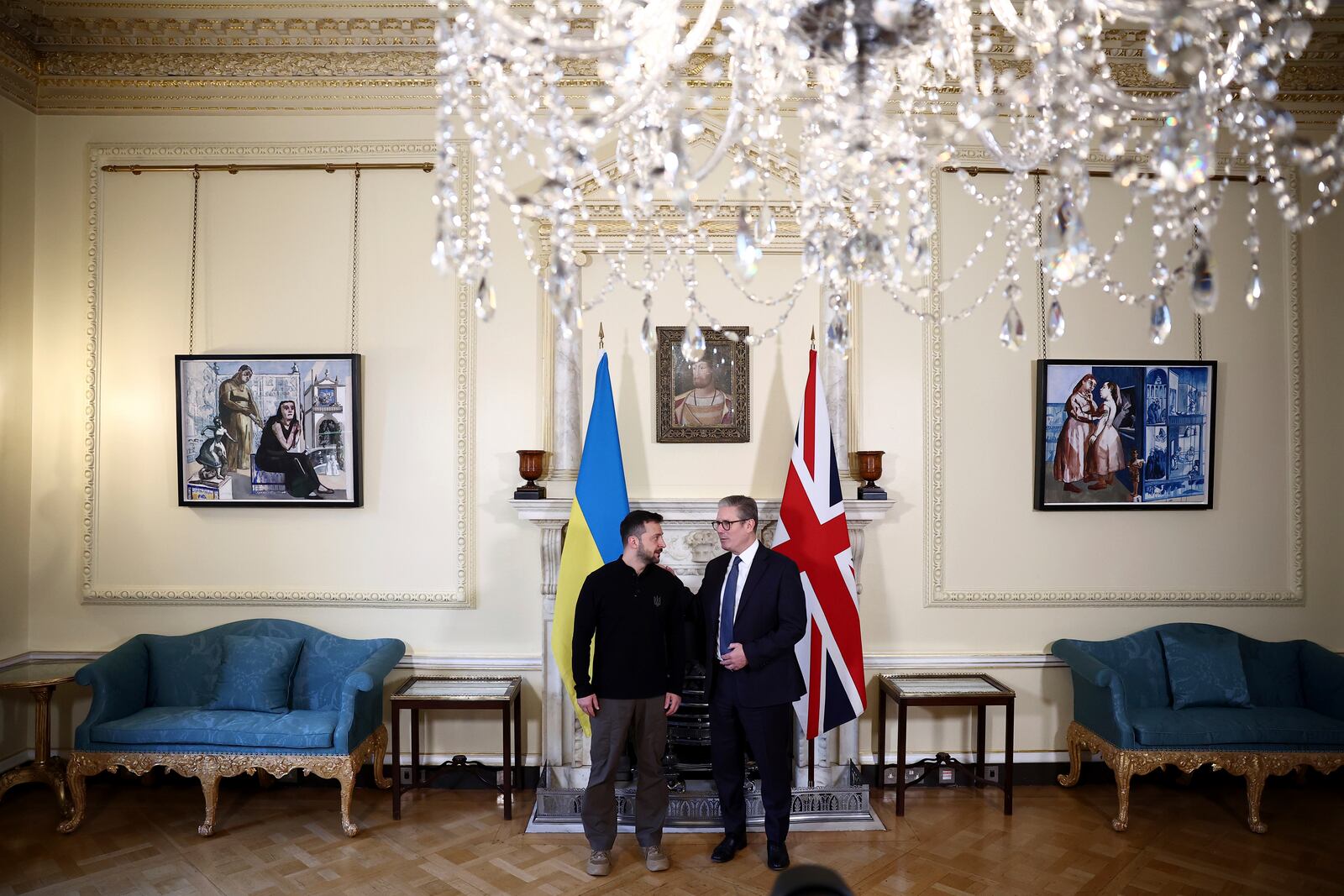 Britain's Prime Minister Keir Starmer, right, and Ukraine's President Volodymyr Zelenskyy speak during a bilateral meeting inside 10 Downing Street, in London, Thursday Oct. 10, 2024. (Henry Nicholls/Pool Photo via AP)