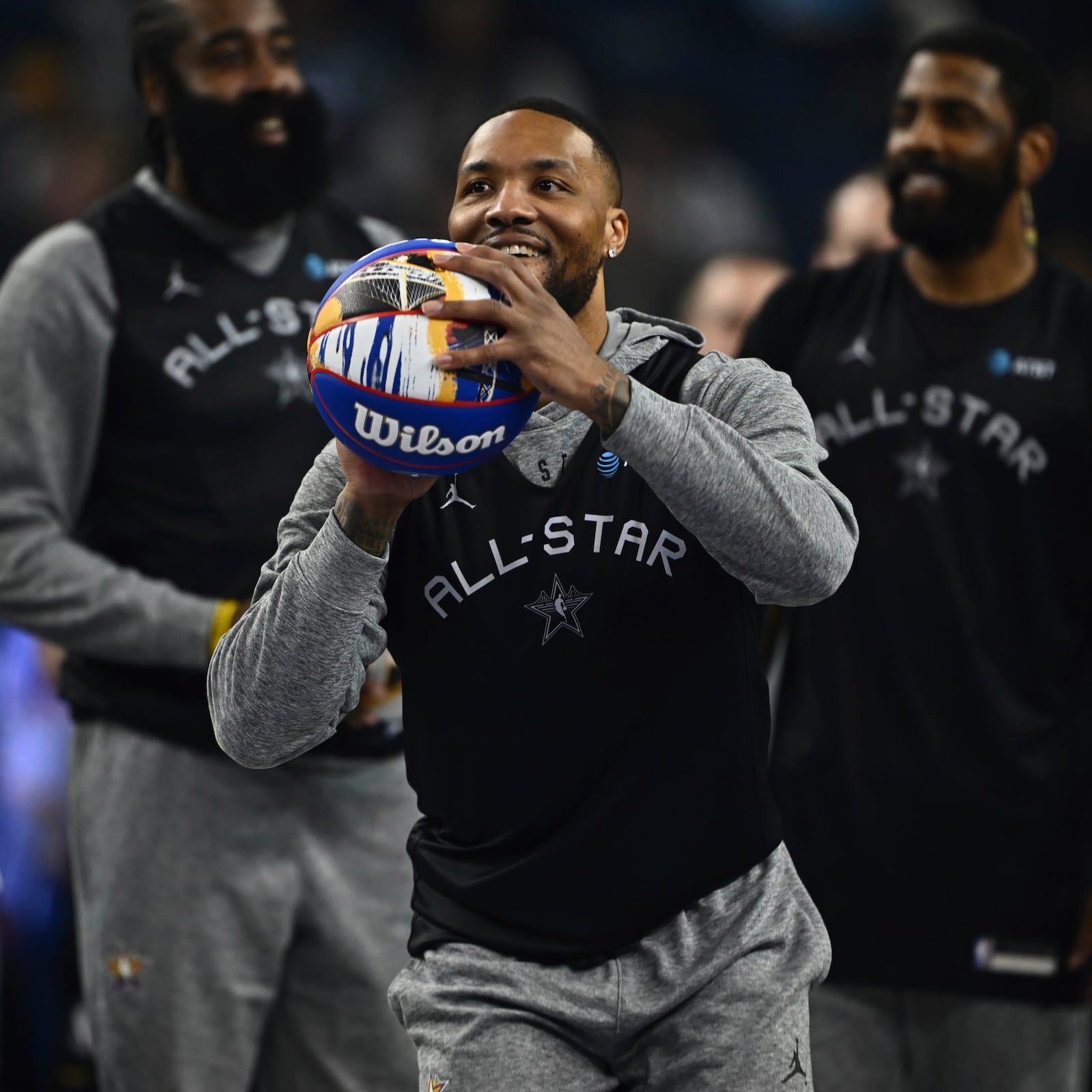 Milwaukee Bucks' Damian Lillard shoots from half-court during practice for the NBA All-Star basketball game, Saturday, Feb. 15, 2025, in Oakland, Calif. (Jose Carlos Fajardo/Bay Area News Group via AP)