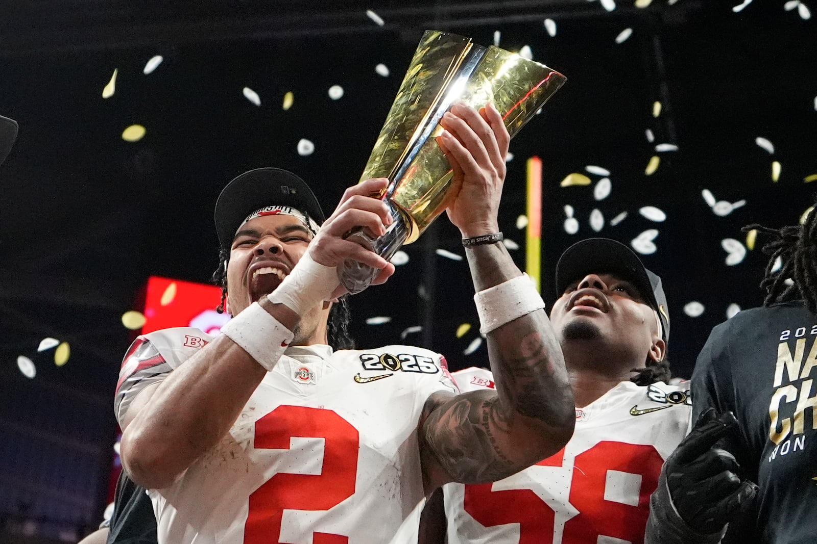 Ohio State wide receiver Emeka Egbuka celebrates after their win against Notre Dame in the College Football Playoff national championship game Monday, Jan. 20, 2025, in Atlanta. (AP Photo/Brynn Anderson)