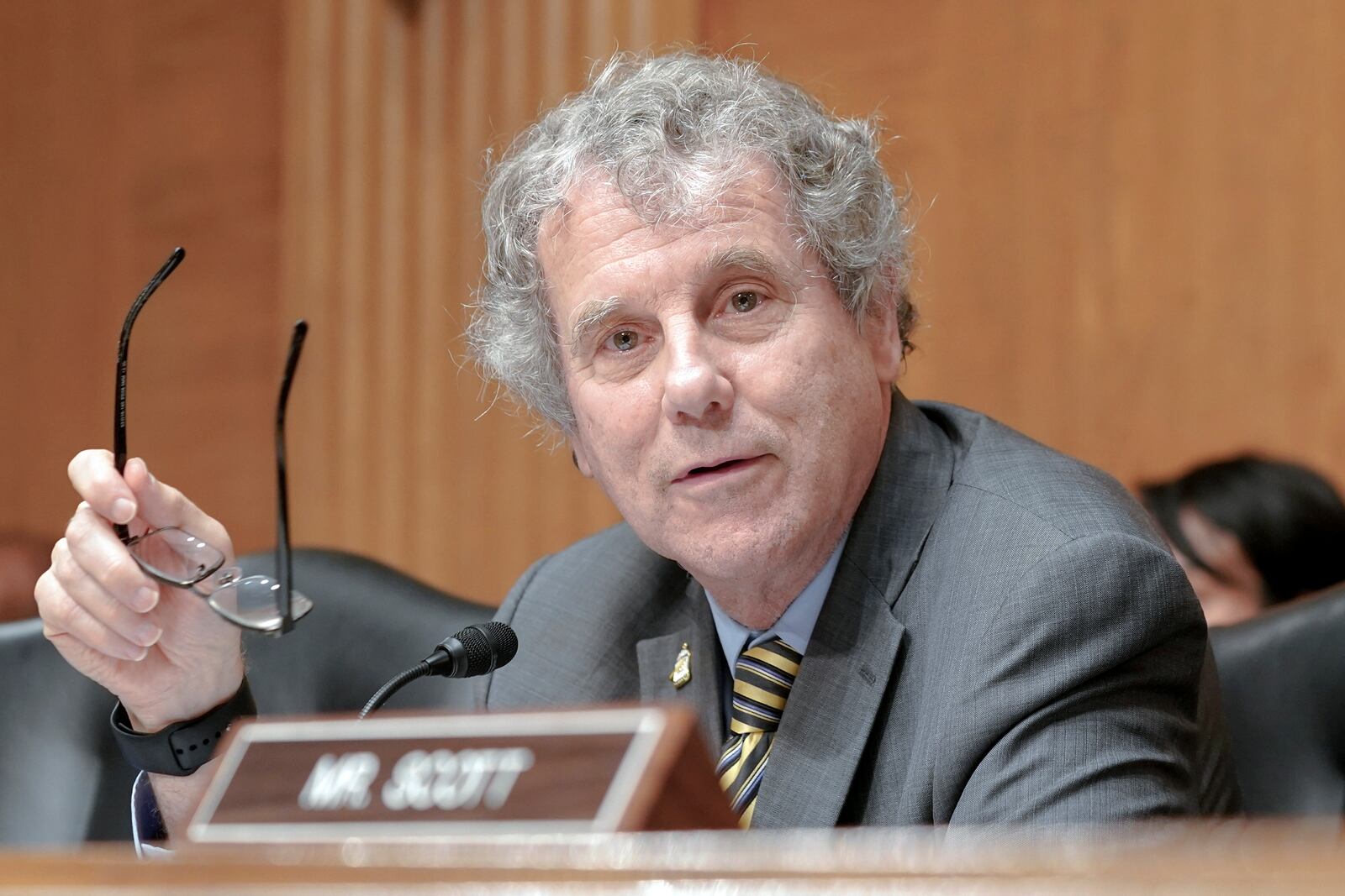 Sen. Sherrod Brown, D-Ohio, speaks during a Senate Banking Committee hearing, Thursday, June 22, 2023, on Capitol Hill in Washington. (AP Photo/Mariam Zuhaib)