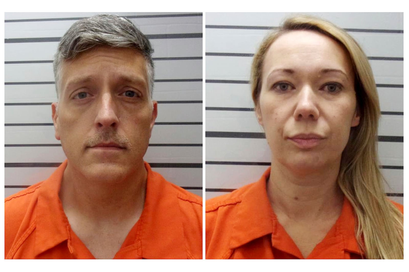 FILE - This combination of booking photos provided by the Muskogee County, Okla., Sheriff's Office shows Jon Hallford, left, and Carie Hallford, owners of Return to Nature Funeral Home. (Muskogee County Sheriff's Office via AP, File)