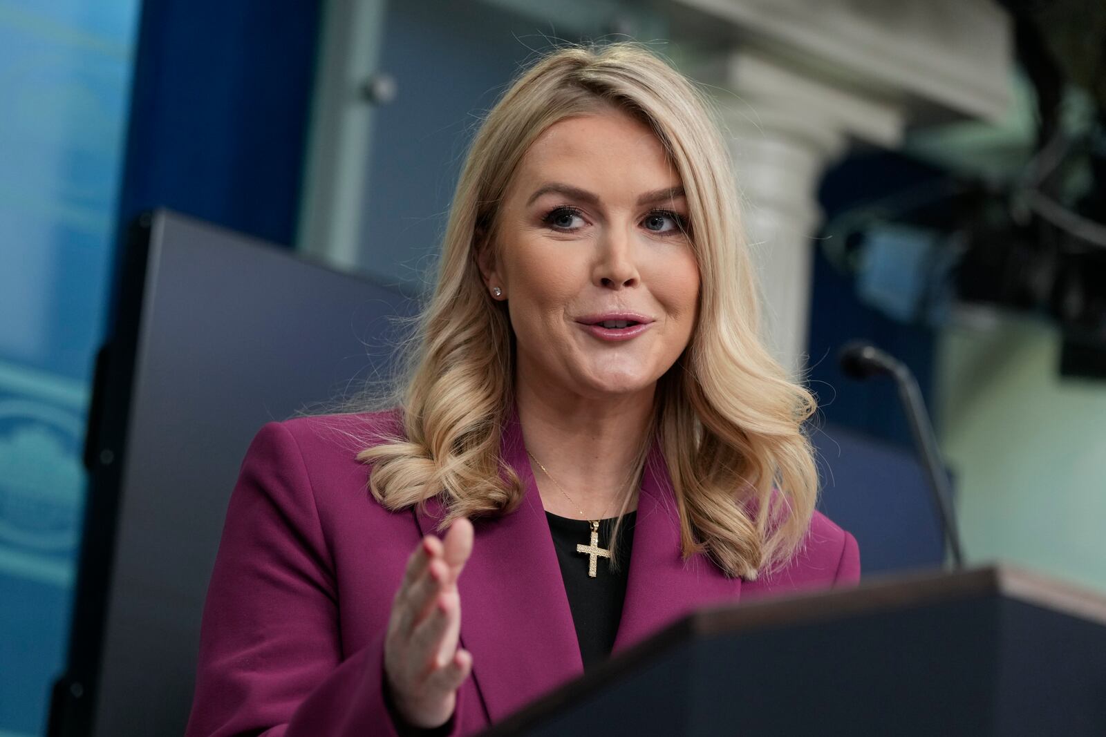 White House press secretary Karoline Leavitt speaks at the daily briefing at the White House in Washington Tuesday, Jan. 28, 2025. (AP Photo/Ben Curtis)