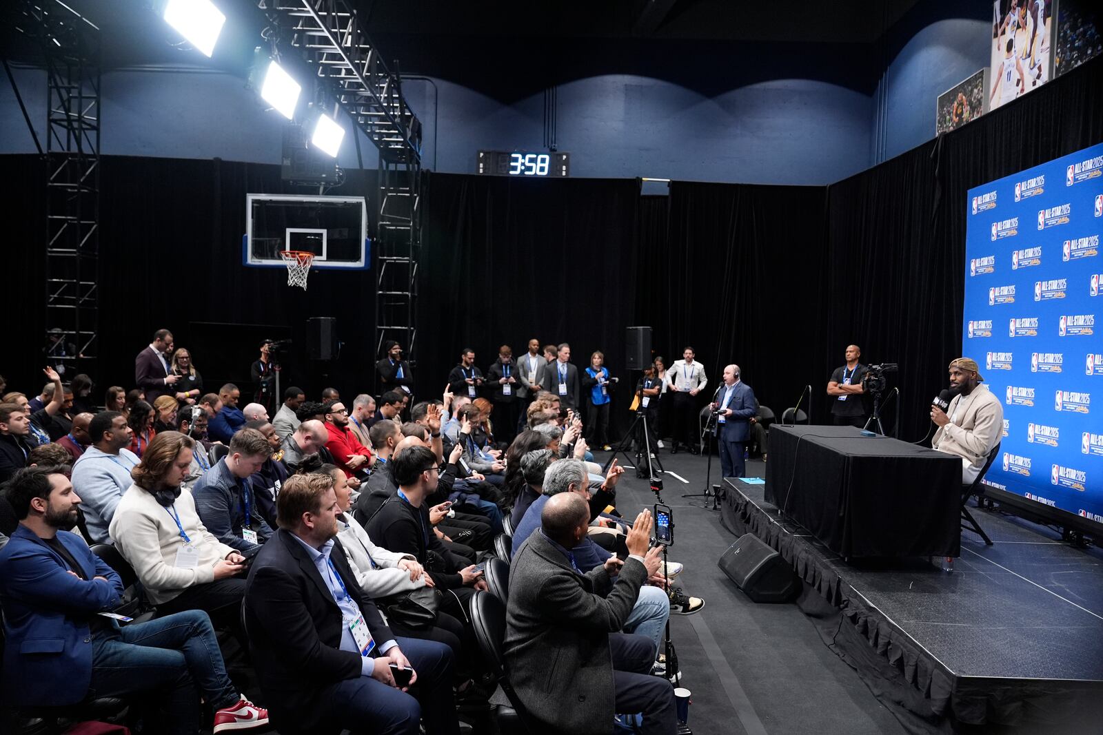 Los Angeles Lakers forward LeBron James fields questions during a press conference before the NBA basketball All-Star game Sunday, Feb. 16, 2025, in San Francisco. (AP Photo/Godofredo A. Vásquez)