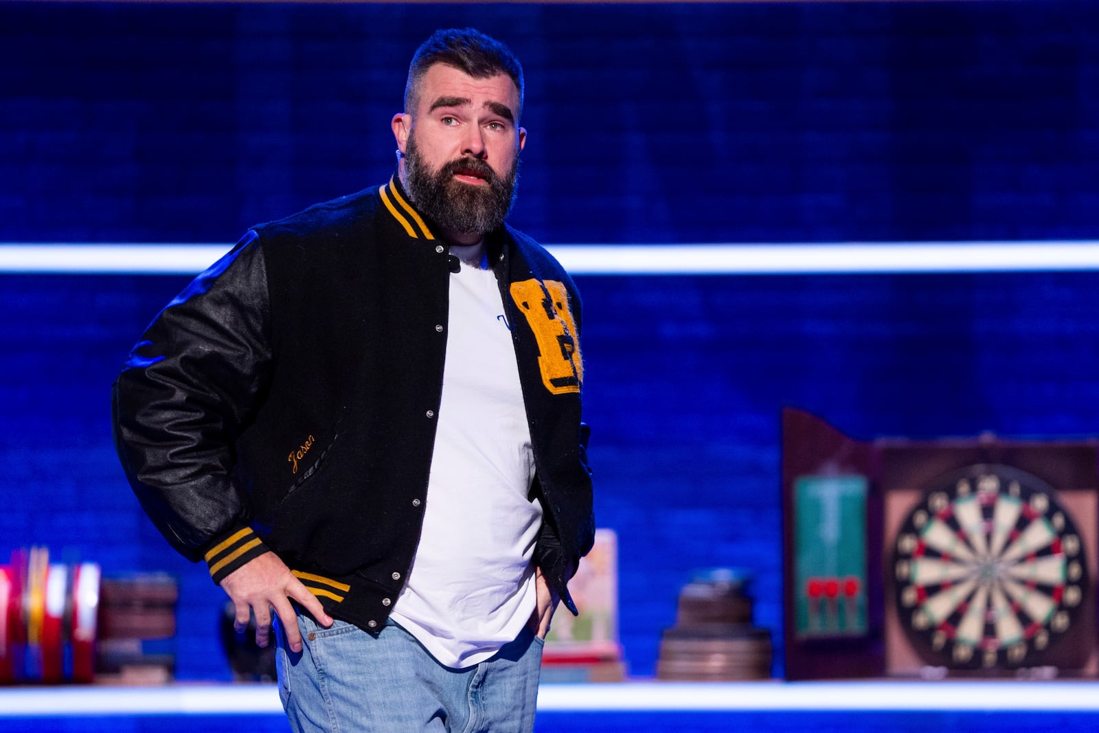 Former NFL player and ESPN analyst Jason Kelce performs his opening monologue during the taping of "They Call It Late Night with Jason Kelce", Friday, Jan. 3, 2025, in Philadelphia. (AP Photo/Chris Szagola)