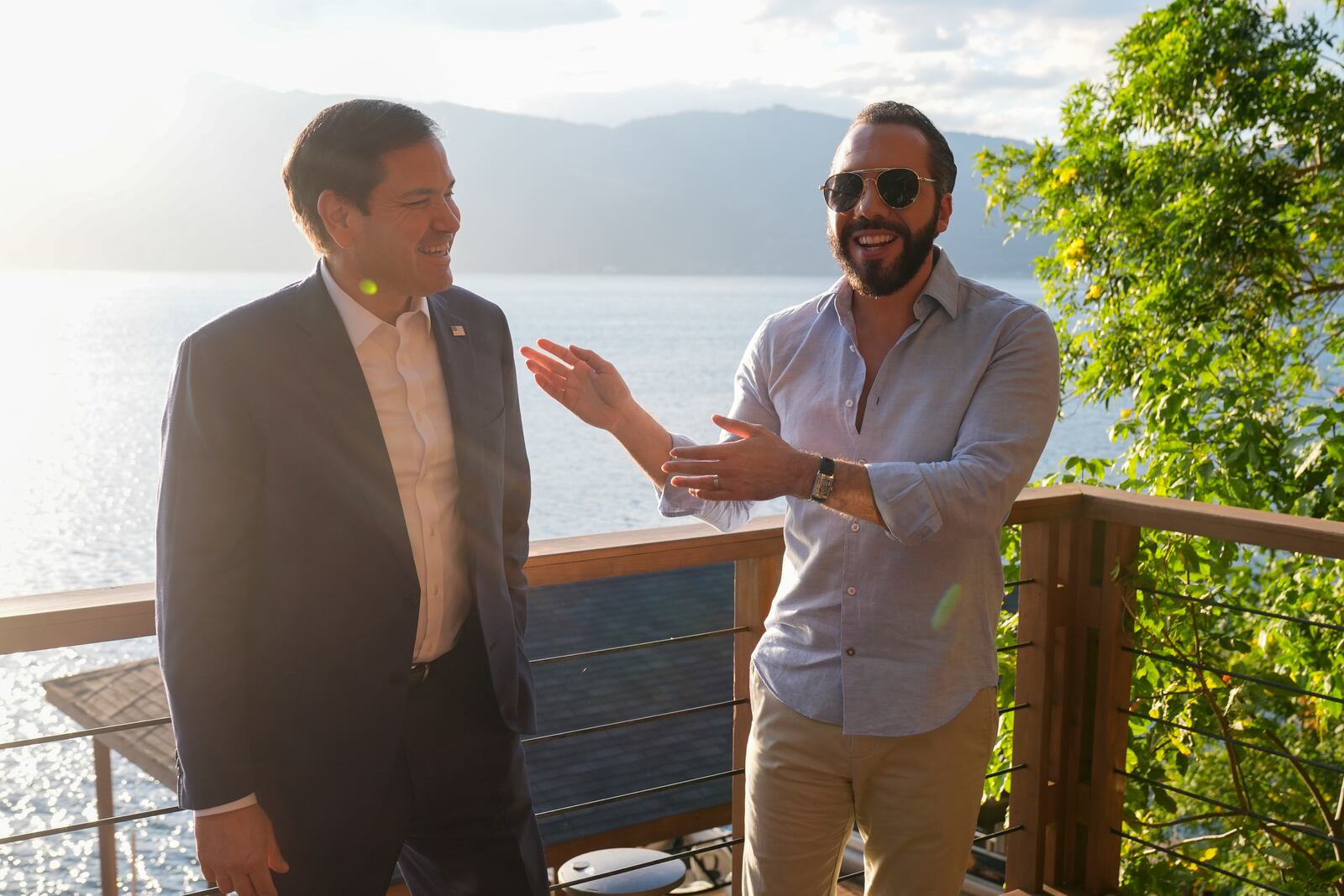 U.S. Secretary of State Marco Rubio meets with President Nayib Bukele at his residence at Lake Coatepeque in El Salvador, Monday, Feb. 3, 2025. (AP Photo/Mark Schiefelbein, Pool)