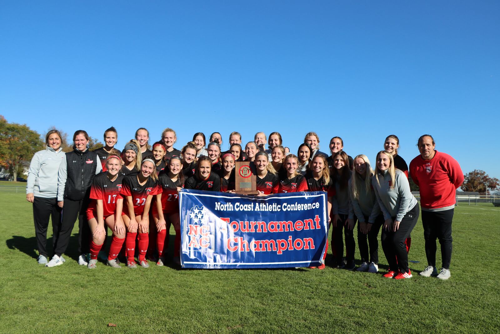 The Wittenberg women's soccer team poses for a photo after winning the NCAC tournament championship on Saturday, Nov. 6, 2021, in Wooster. Photo courtesy of Wittenberg