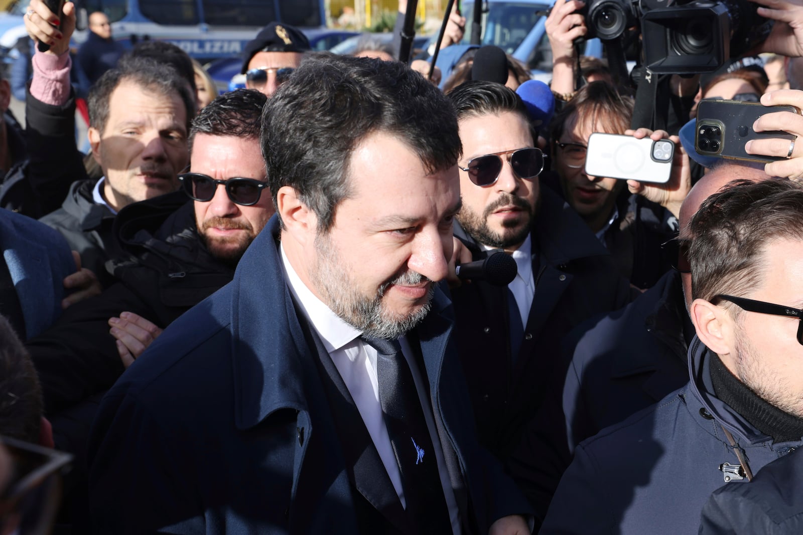 Italy’s vice premier, Matteo Salvini arrives at a court in Sicily that is expected to announce its verdict on whether Salvini is guilty of illegally detaining 100 migrants aboard a humanitarian rescue ship when he was interior minister, in Palermo, Italy, Friday, Dec. 20, 2024. (Alberto Lo Bianco/LaPresse via AP)