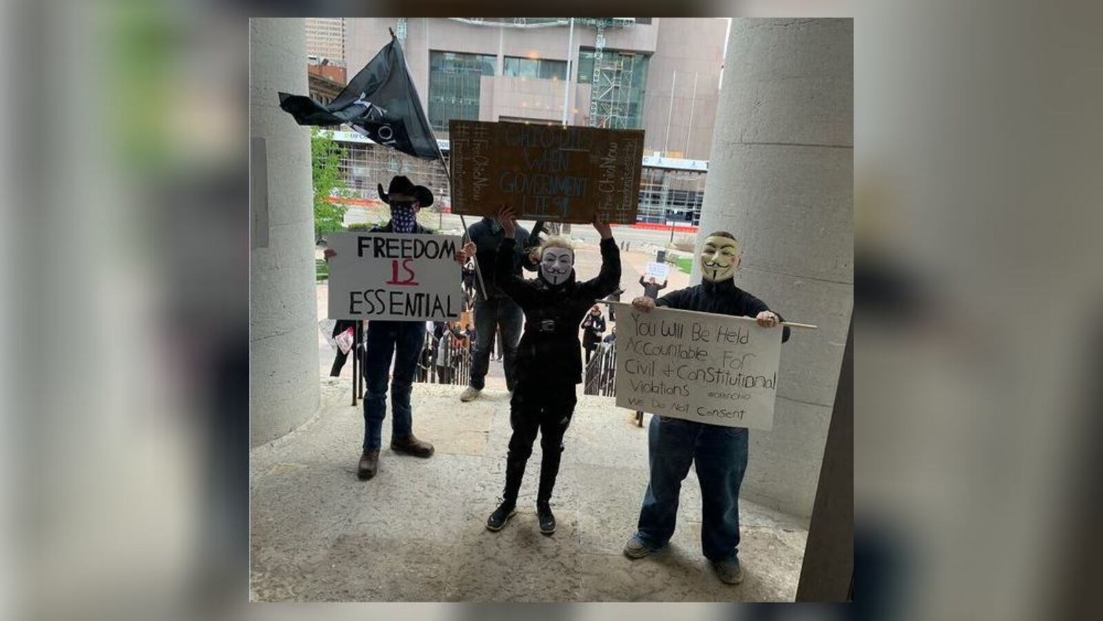 A group was protesting Ohio's social distancing orders at the Statehouse in Columbus on April 9, 2020. LAURA A. BISCHOFF / STAFF