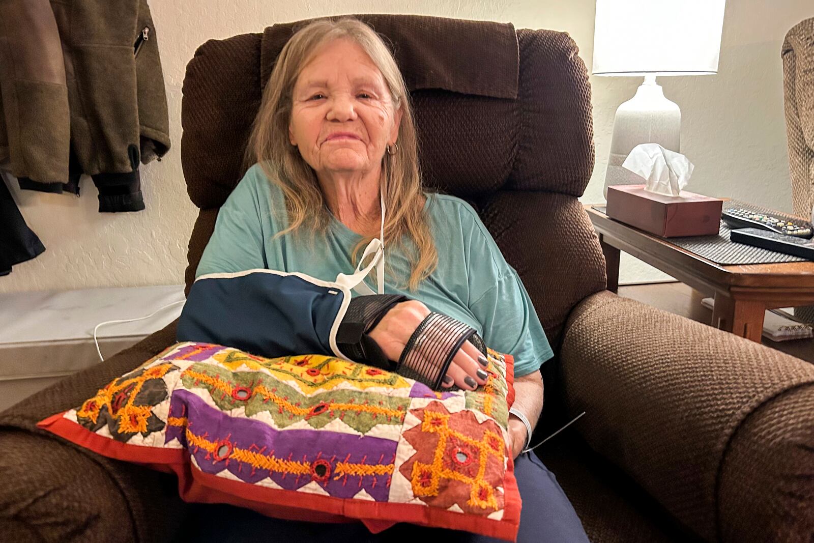 This photo provided by Tricia Peterson shows Sharon Tanner, a resident at the Terraces at Park Marino, in Pasadena, Calif., on Jan. 13, 2025. (Tricia Peterson via AP)