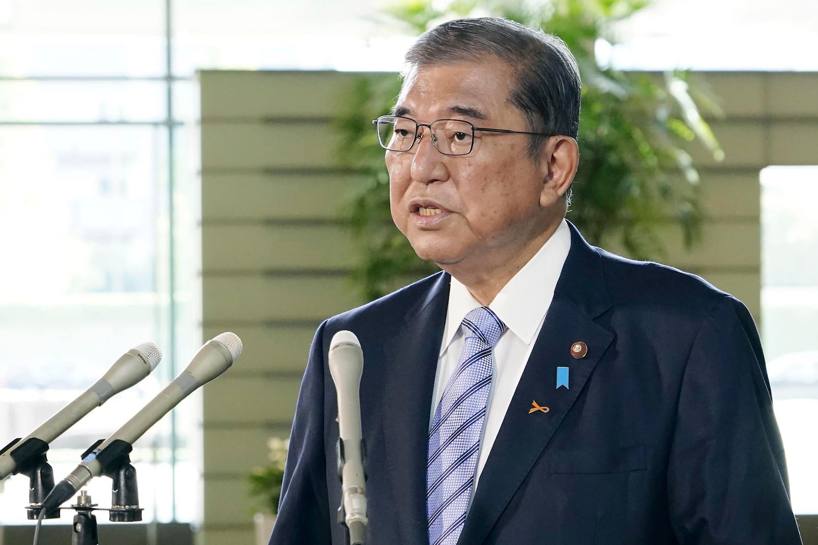 Japan's Prime Minister Shigeru Ishiba speaks to journalists following North Korea's latest missile launches, at his office in Tokyo Tuesday, Nov. 5, 2024. (Kyodo News via AP)