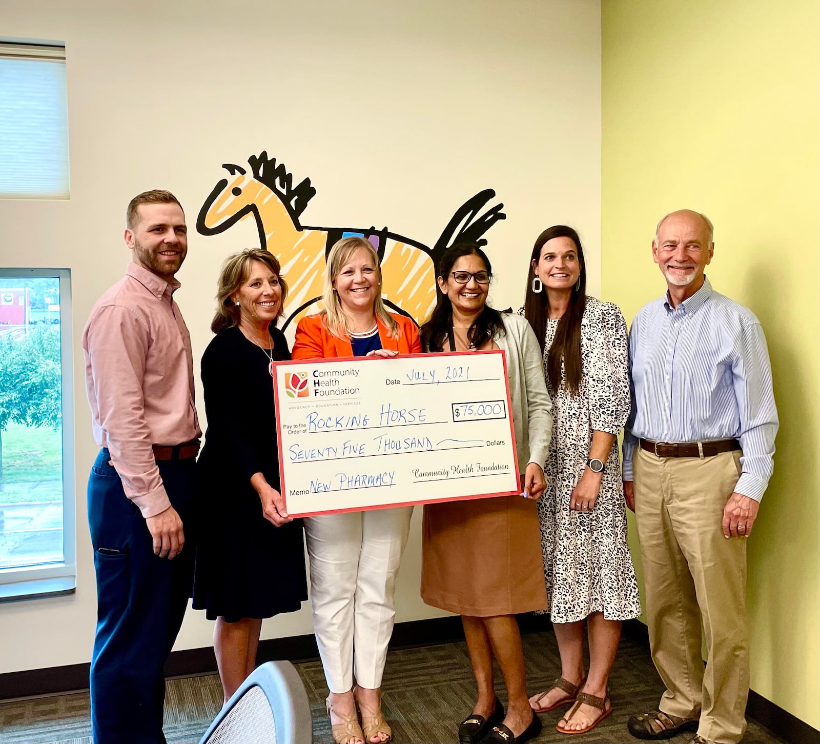 Rocking Horse Community Health Center is one of 15 local organizations to receive an outreach funding from Community Health Foundation. (Left to right) Andrew Straw, pharmacist; Joy Rogers, CHF Executive Director; Stephanie McCuistion, CHF Board president; Yamini Teegala, M.D., Rocking Horse Chief Medical Officer; Candace Copeland, Rocking Horse Board vice president; and Wes Babian, Rocking Horse Board president. CONTRIBUTED