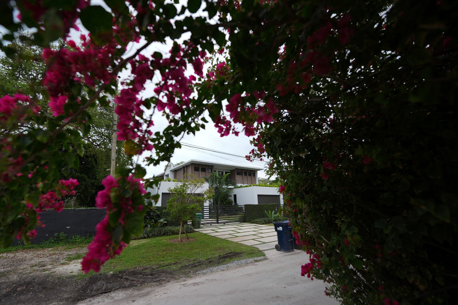 Flowers bloom outside the home where thieves overnight stole a Mercedes and Lamborghini from University of Miami football quarterback Carson Beck, as well as an SUV from his girlfriend, Miami basketball player Hanna Cavinder, Thursday, Feb. 20, 2025, in Miami. (AP Photo/Rebecca Blackwell)