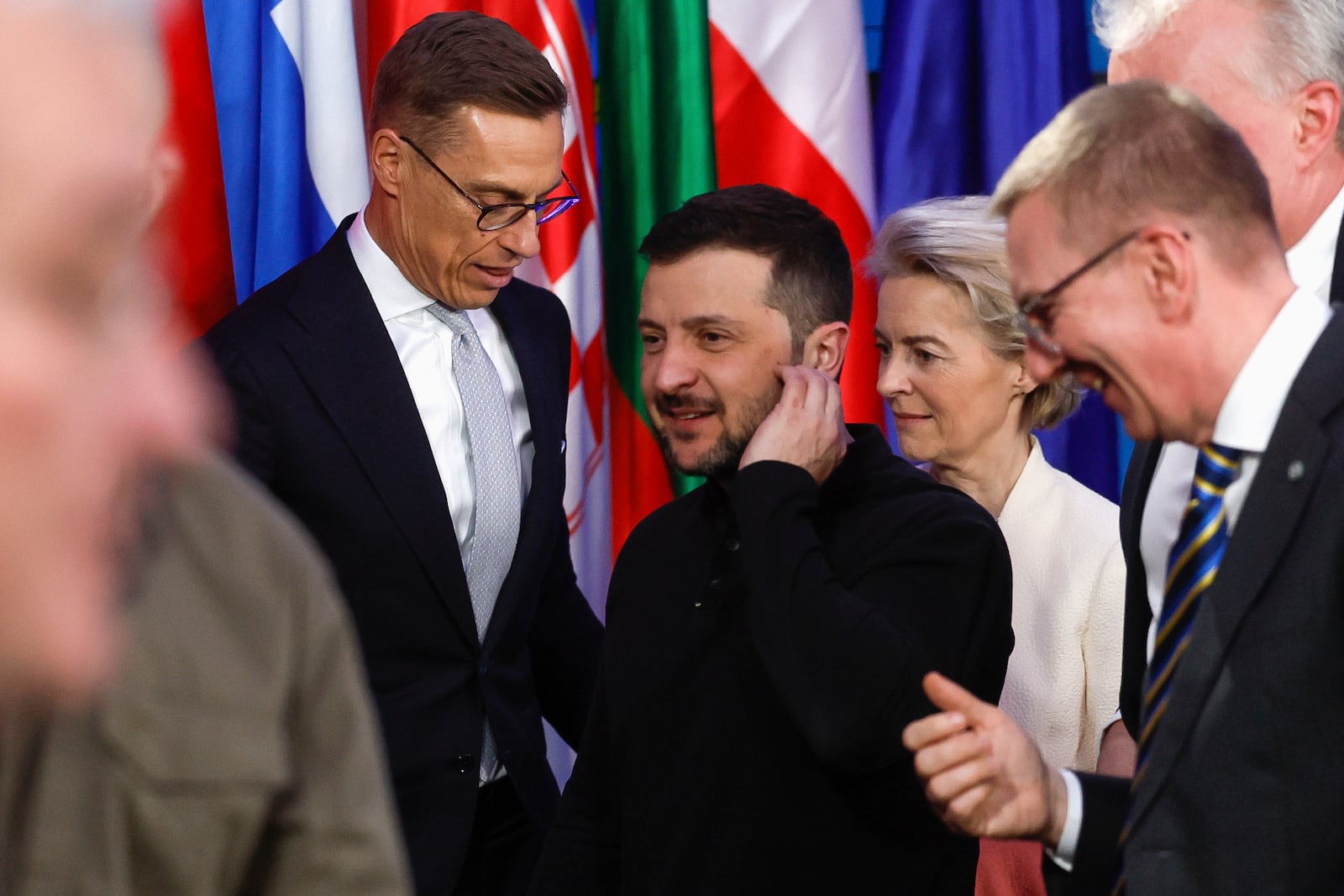 From left: Finland's President Alexander Stubb, Ukrainian President Volodymyr Zelenskiy, European Commission President Ursula von der Leyen, Latvia's President Edgars Rinkevics and Lithuania's President Gitanas Nauseda attend the "Support Ukraine" summit, marking the third anniversary of the Russian invasion, in Kyiv, Ukraine, Feb. 24, 2025. (Gleb Garanich/Pool Photo via AP)