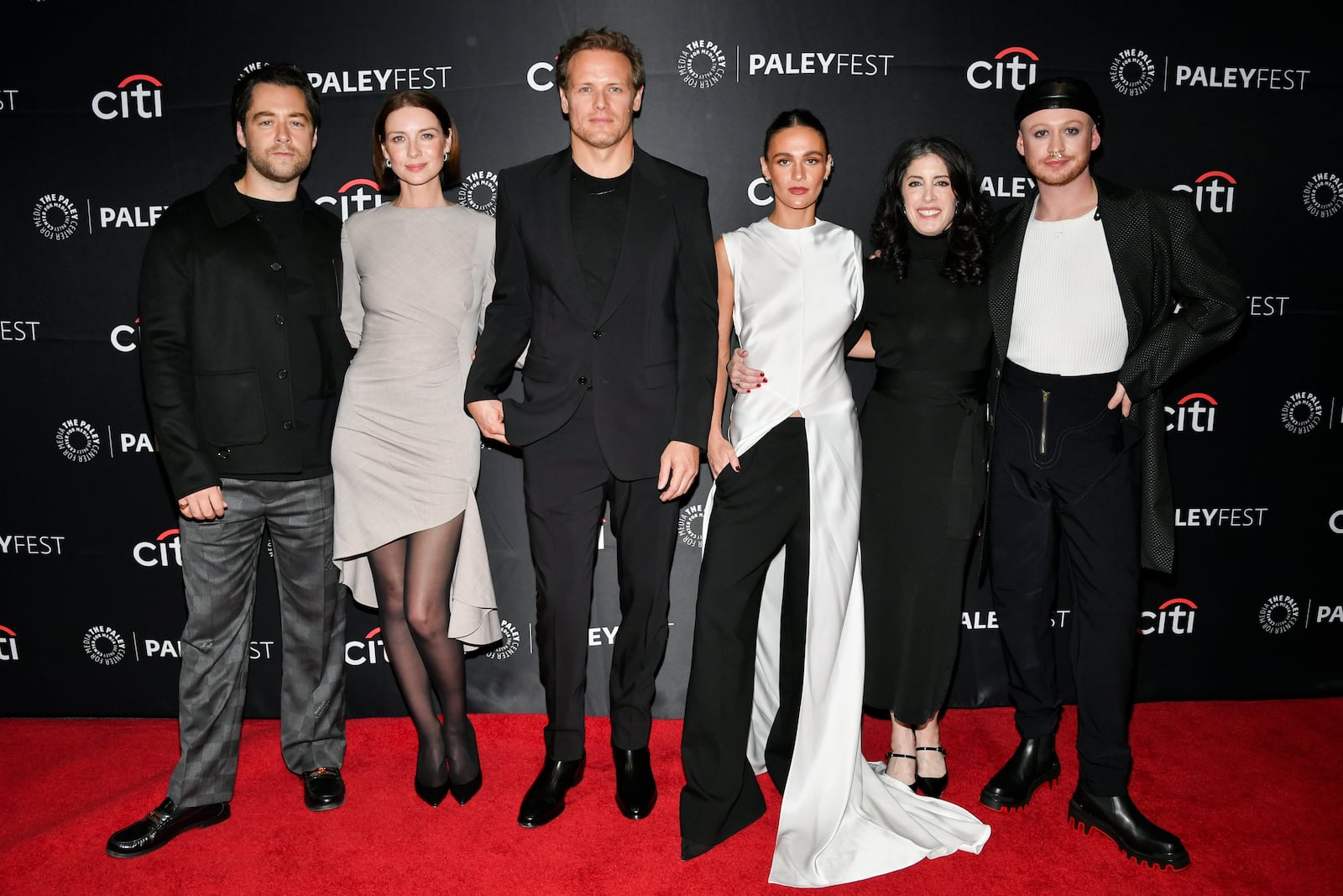 Richard Rankin, from left, Caitriona Balfe, Sam Heughan, Maril Davis, and John Bell attend the "Outlander" 10th Anniversary Celebration during PaleyFest NY at the Paley Center for Media on Wednesday, Oct. 16, 2024, in New York. (Photo by Evan Agostini/Invision/AP)