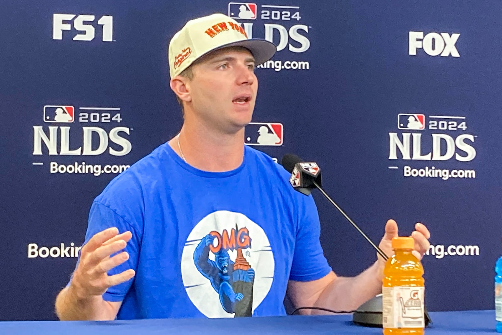 New York Mets' Pete Alonso speaks during a news conference before National League Division Series Game 4 at Citi Field in New York on Wednesday, Oct. 9, 2024. (AP Photo/Ron Blum)