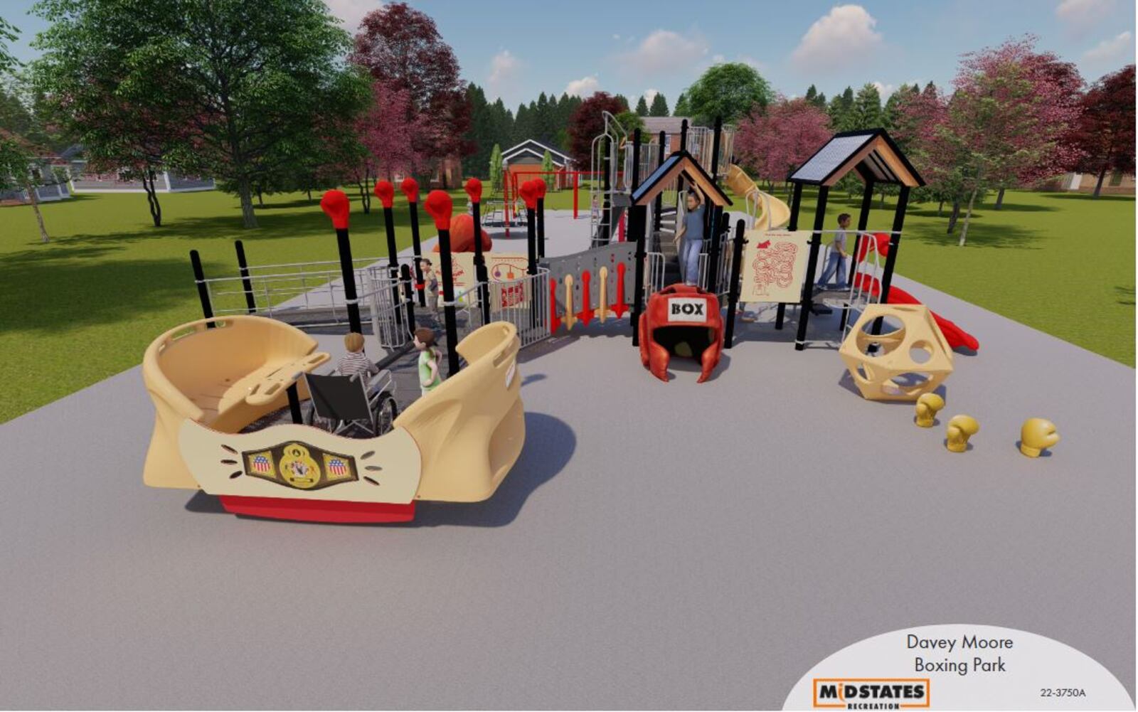 National Trail Parks and Recreation District and city of Springfield officials plan to spend about $450,000 on a boxing themed accessible playground at Davey Moore Park, shown here in artist renditions. Moore was a champion boxer from Springfield who died after a fight. CONTRIBUTED