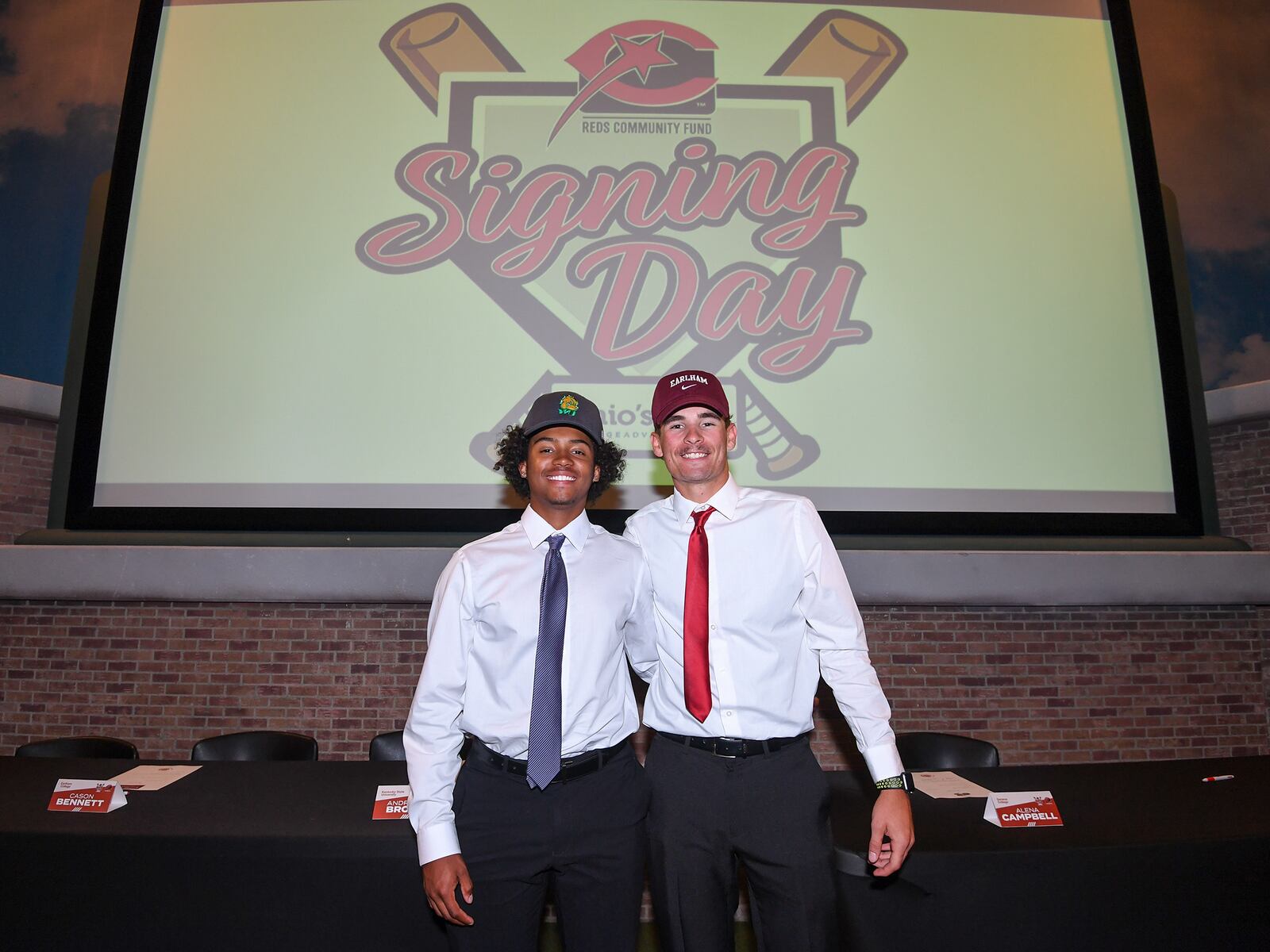 Joe Mendy and Cason Bennett pose for a photo at a Cincinnati Reds Youth Academy press conference on Monday, June 6, 2022, in Cincinnati. Photo courtesy of Reds