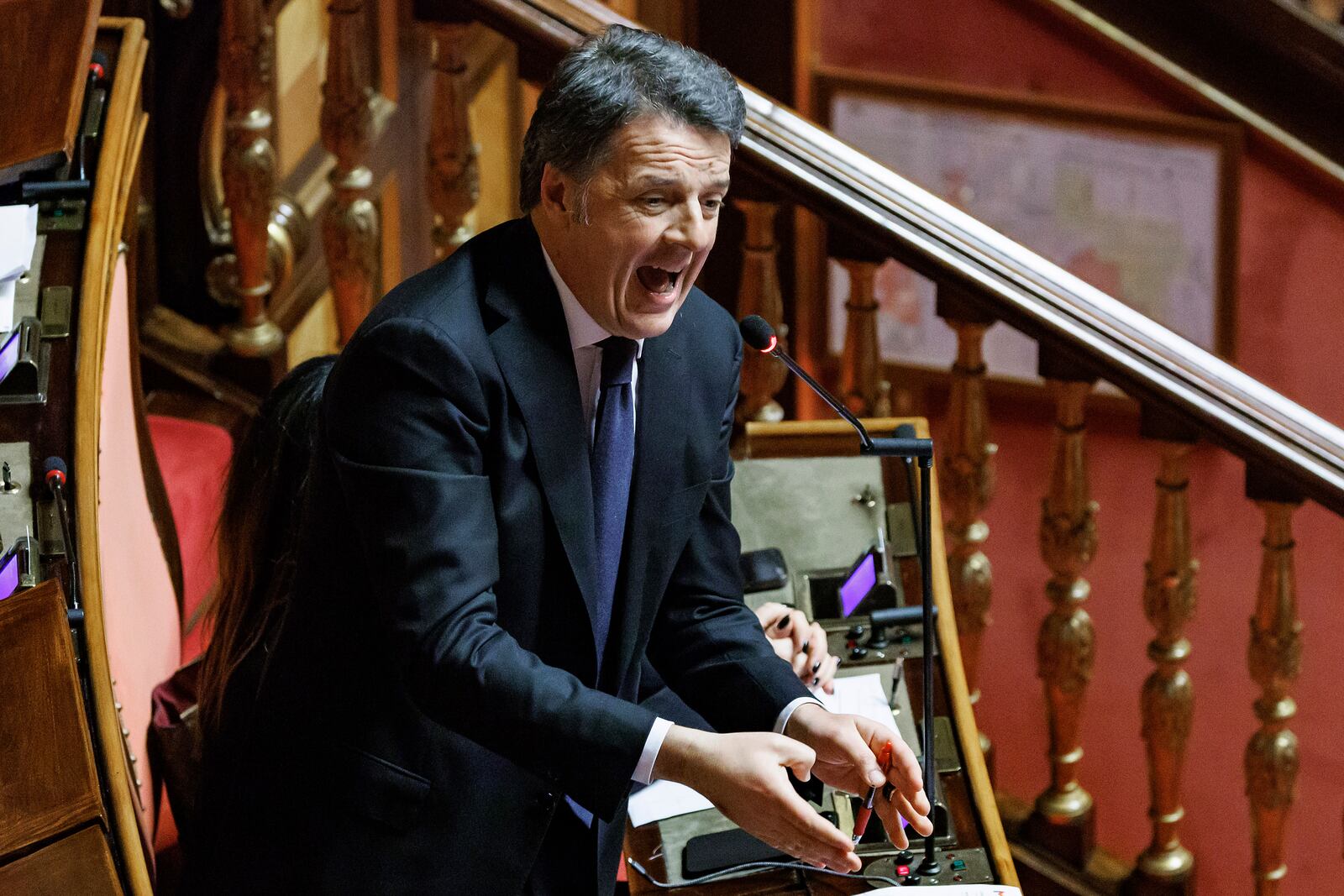 Former Prime Minister Matteo Renzi makes his remarks during Justice Minister Carlo Nordio's appearance at the Senate for the report on the justice administration, in Rome, Wednesday, Jan. 22, 2025. (Roberto Monaldo//LaPresse via AP)