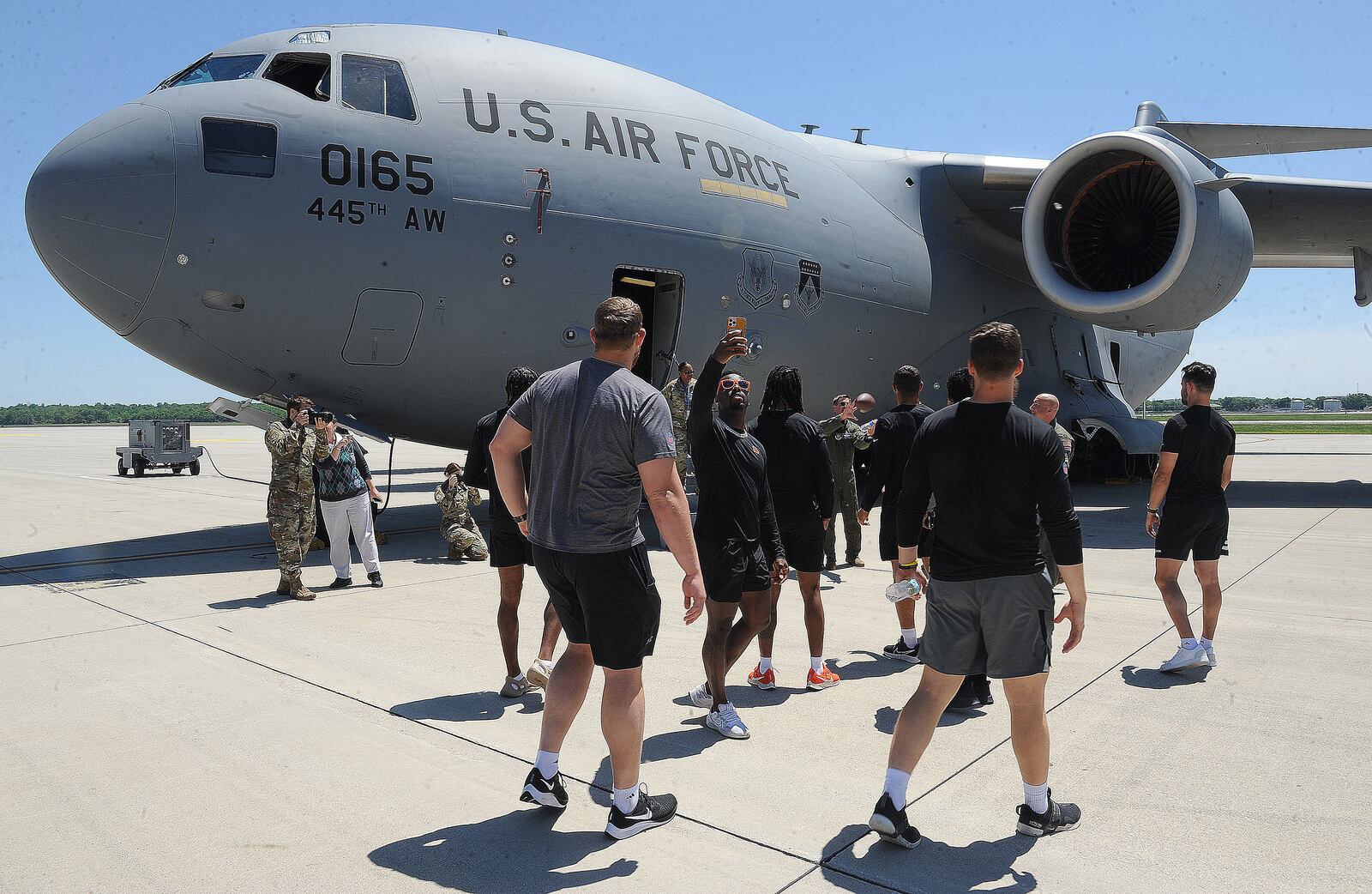 Cincinnati Bengals rookies had the opportunity to engage with military members during a USO luncheon Friday June 3, 2022 to learn about the life of an Airmen. Following the luncheon, the team will tour a C-17 aircraft at the 445th Airlift Wing, visit the 88th Air Base Wing Honor Guard and conclude the tour with meeting some of the Air Force’s bravest Airmen assigned to the Explosives Ordinance Disposal team. The hands-on tour will give the team an insight of Air Force capabilities and the missions at Wright-Patterson Air Force Base. MARSHALL GORBY\STAFF