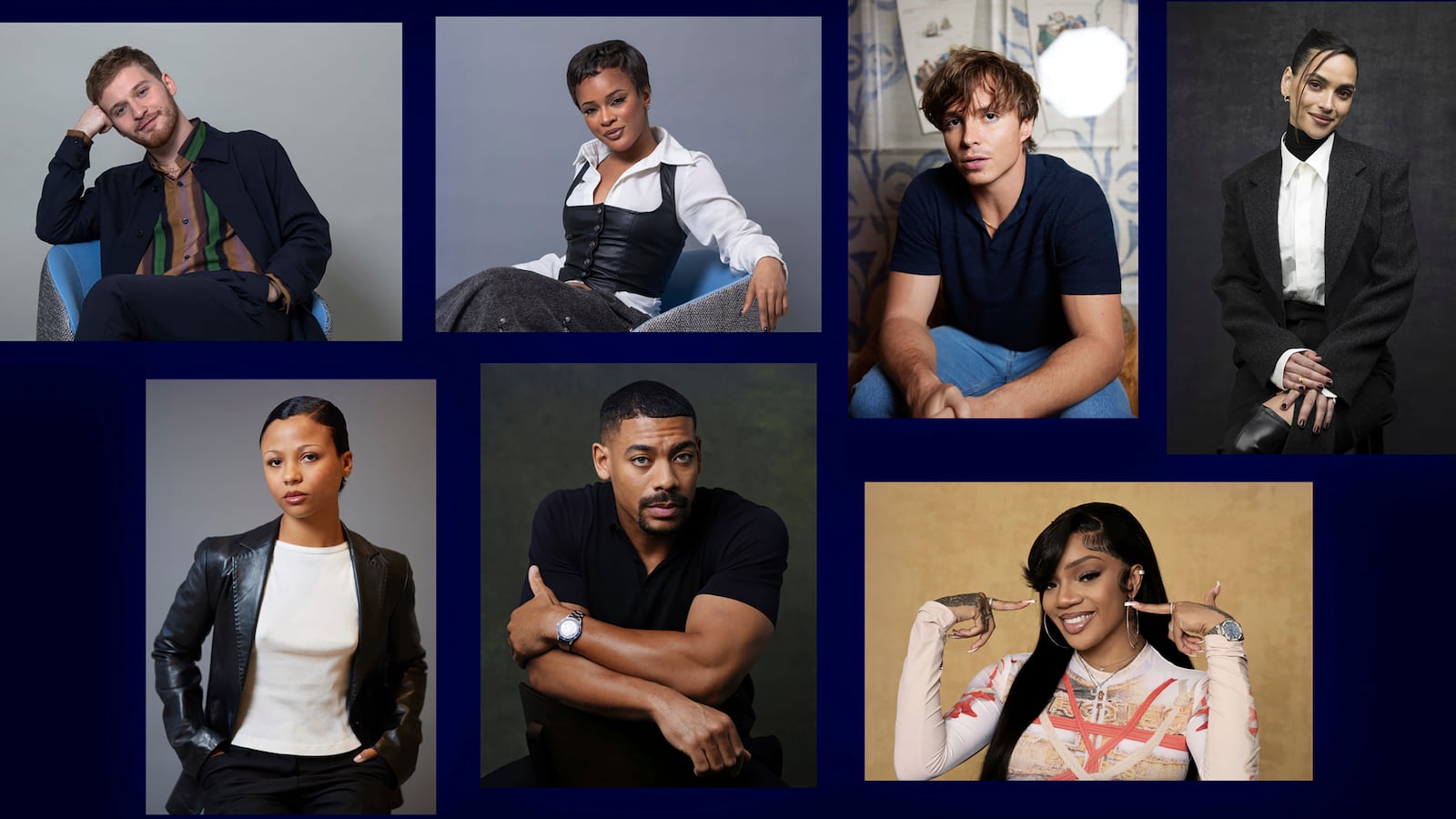 This combination of photos shows AP's 2024 breakthrough entertainers of the year. Fred Hechinger, from top left, Maleah Joi Moon, Nicholas Alexander Chavez, Adria Arjona, Myha'la, Aaron Pierre, and Glorilla. (AP Photo)