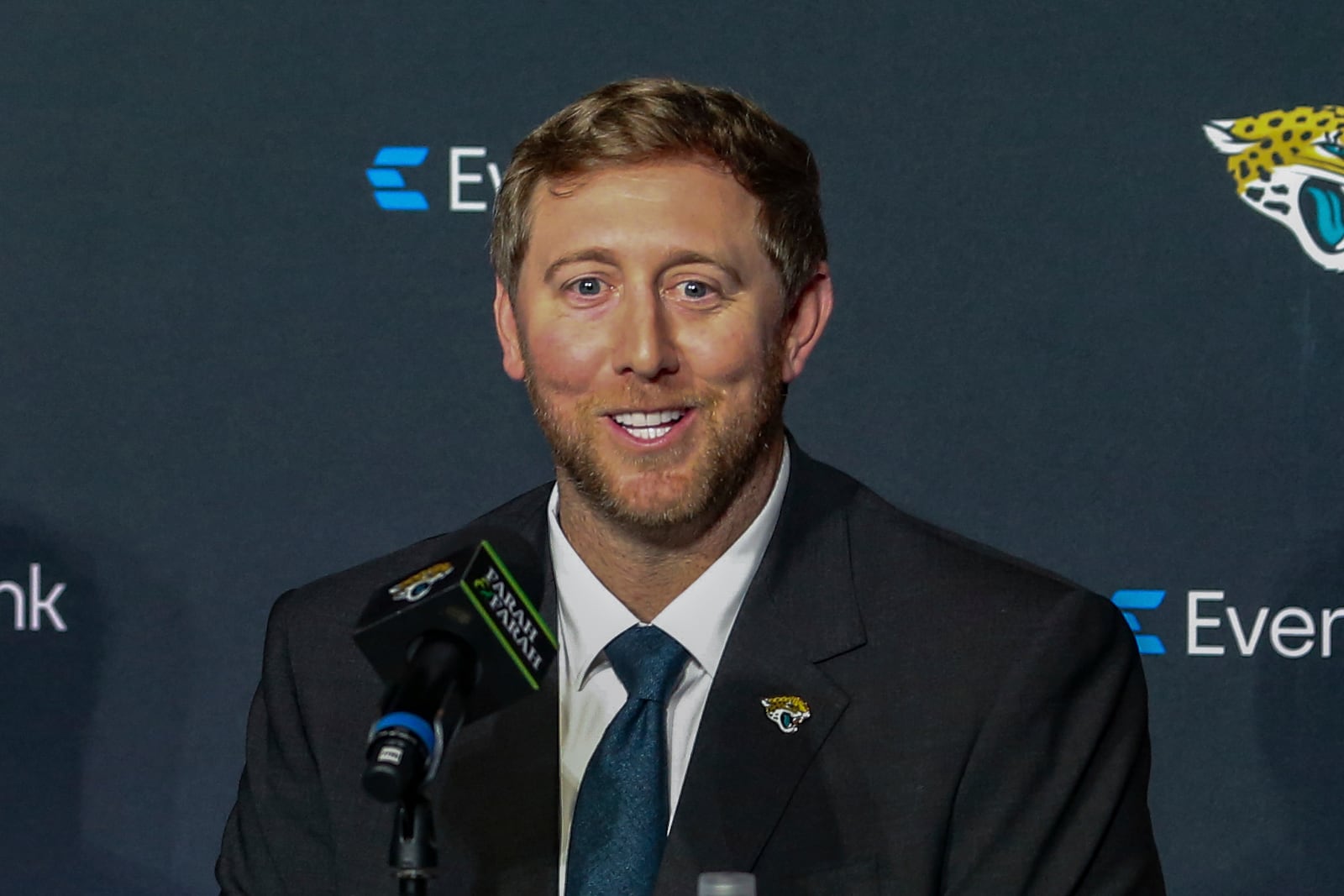 Jacksonville Jaguars new head coach Liam Coen speaks with the media during an NFL football news conference in Jacksonville, Fla., Monday, Jan. 27, 2025. (AP Photo/Gary McCullough)