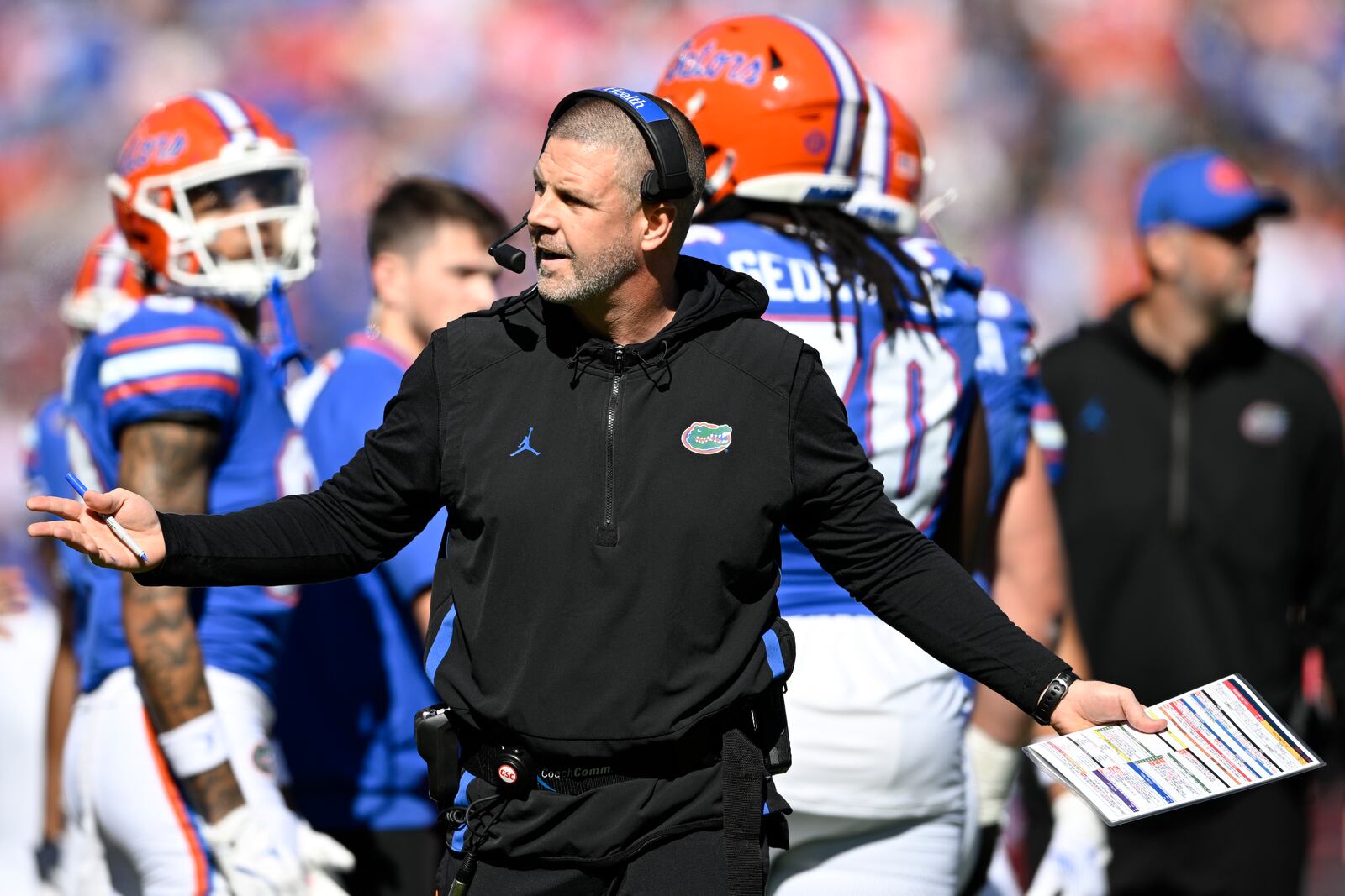 Florida head coach Billy Napier reacts after a play against Mississippi during the first half of an NCAA college football game, Saturday, Nov. 23, 2024, in Gainesville, Fla. (AP Photo/Phelan M. Ebenhack)