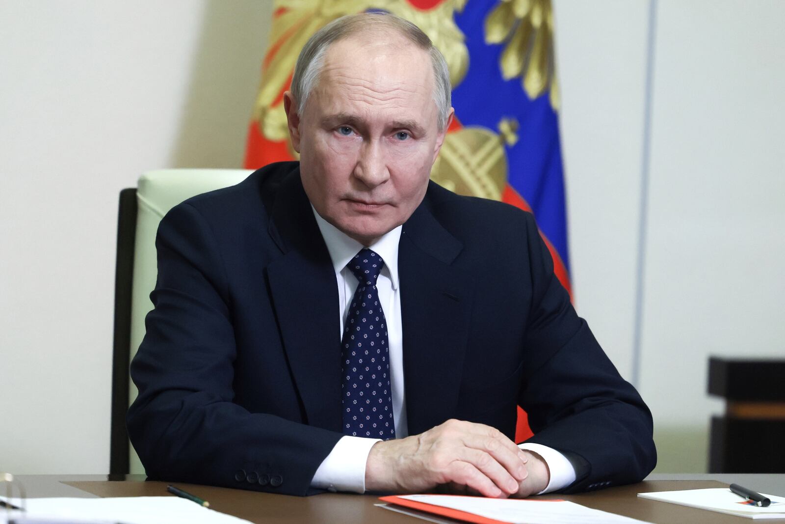 Russian President Vladimir Putin chairs a Security Council meeting at the Novo-Ogaryovo residence outside Moscow, Russia, Friday, March 14, 2025. (Mikhail Metzel, Sputnik, Kremlin Pool Photo via AP)