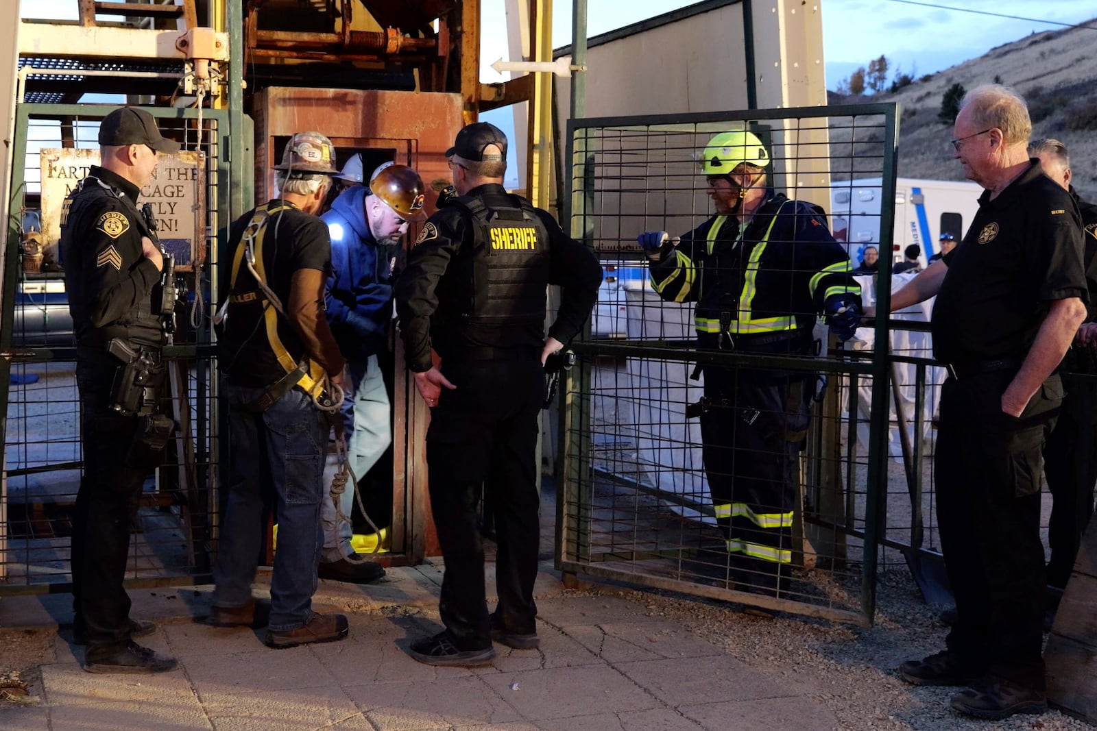 In this image made from video provided byTeller County Sheriff’s Office, emergency responders work at the site of a mining accident in Cripple Creek, Colo, on Thursday, Oct. 10, 2024.