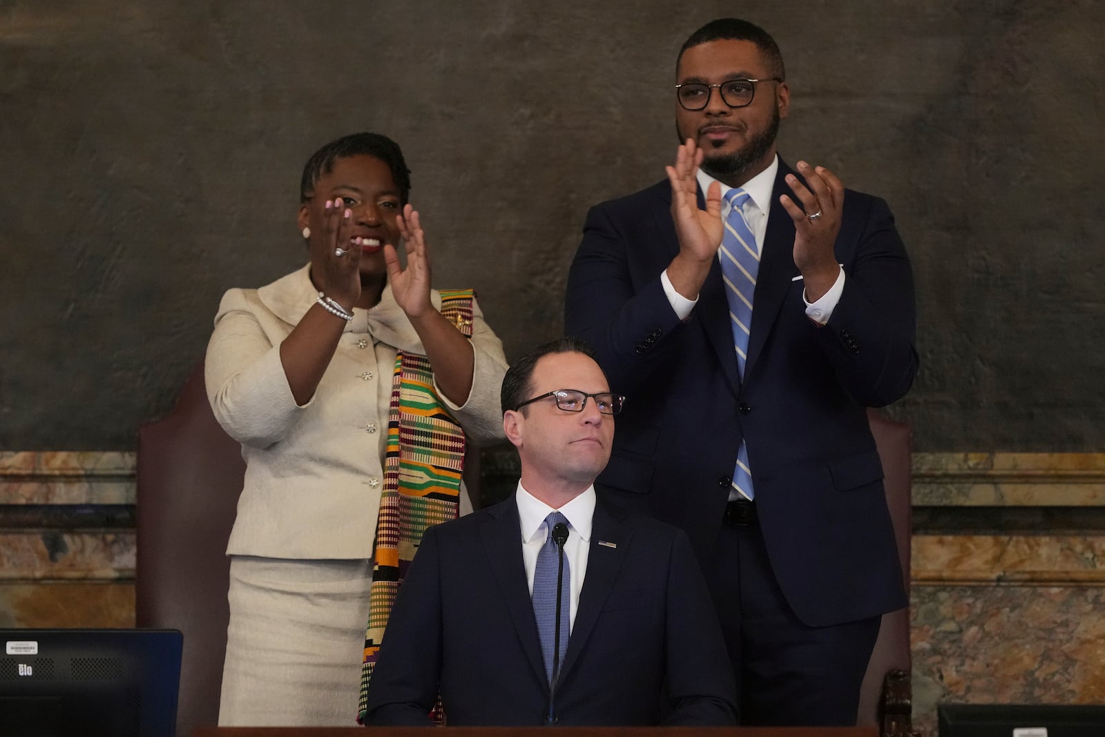 Pennsylvania Gov. Josh Shapiro delivers his budget address for the 2025-26 fiscal year to a joint session of the state House and Senate at the Capitol is seen, Tuesday, Feb. 4, 2025, in Harrisburg, Pa. (AP Photo/Matt Rourke)