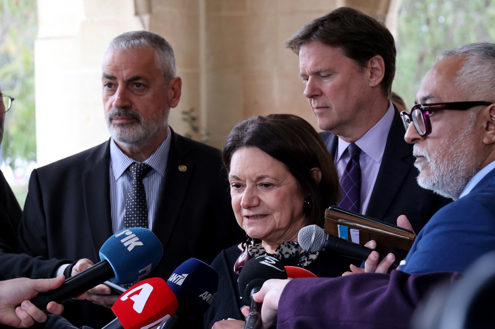 U.N. Under-Secretary-General for Political and Peacebuilding Affairs Rosemary DiCarlo, center, talks to the media after a meeting with the Cyprus' President Nikos Christodoulides at the presidential palace in divided capital Nicosia, Cyprus, Monday, Feb. 10, 2025. (AP Photo/Petros Karadjias)