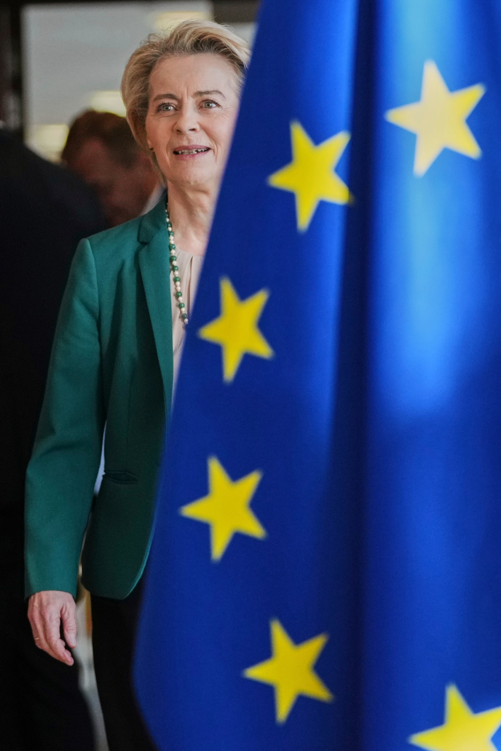 European Commission President Ursula von der Leyen arrives for the weekly College of Commissioners meeting at EU headquarters in Brussels, Wednesday, March 19, 2025. (AP Photo/Virginia Mayo)