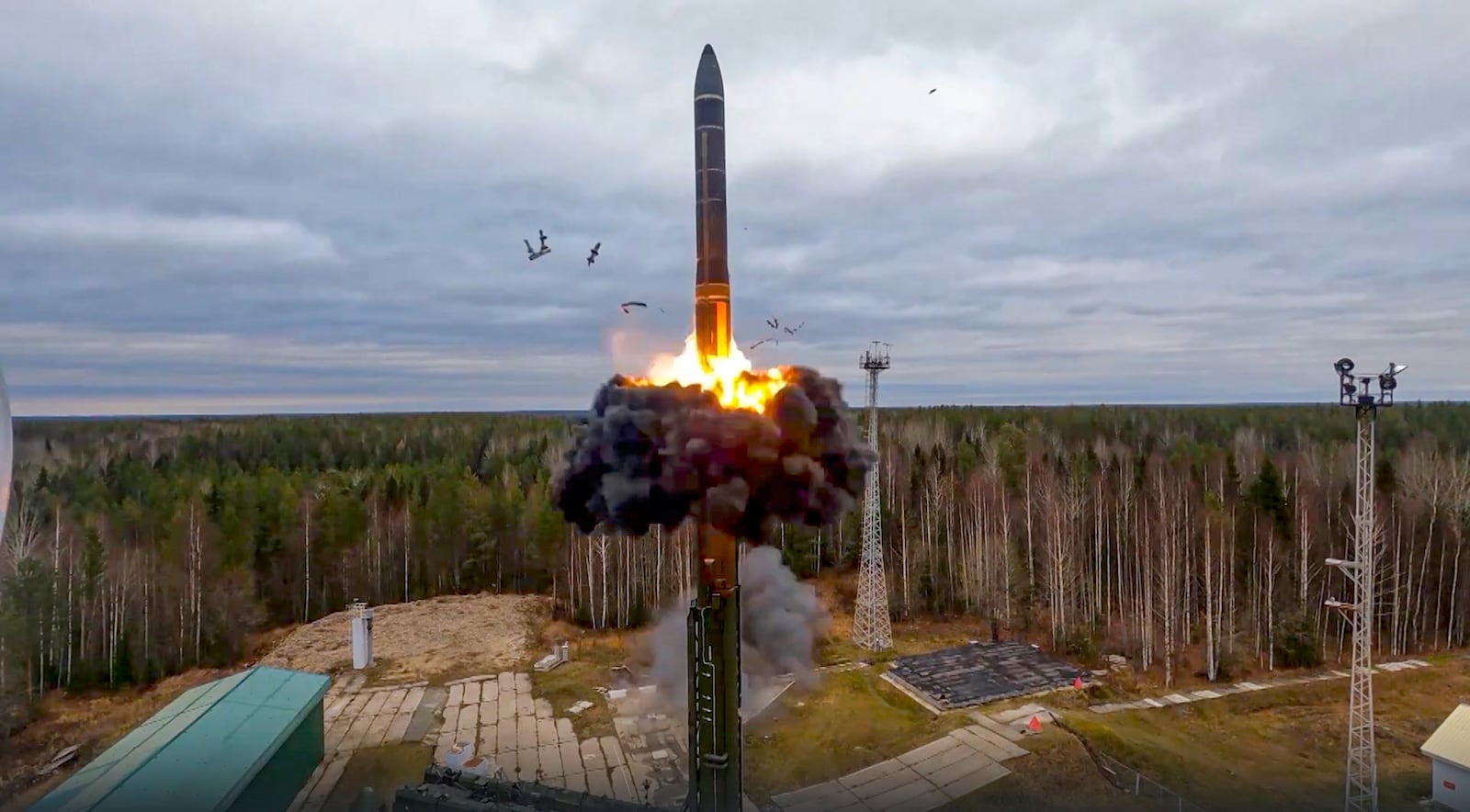 FILE - In this photo taken from video released by Russian Defense Ministry Press Service on Oct. 26, 2022, a Yars intercontinental ballistic missile is test-fired as part of Russia's nuclear drills from a launch site in Plesetsk, northwestern Russia. (Russian Defense Ministry Press Service via AP, File)