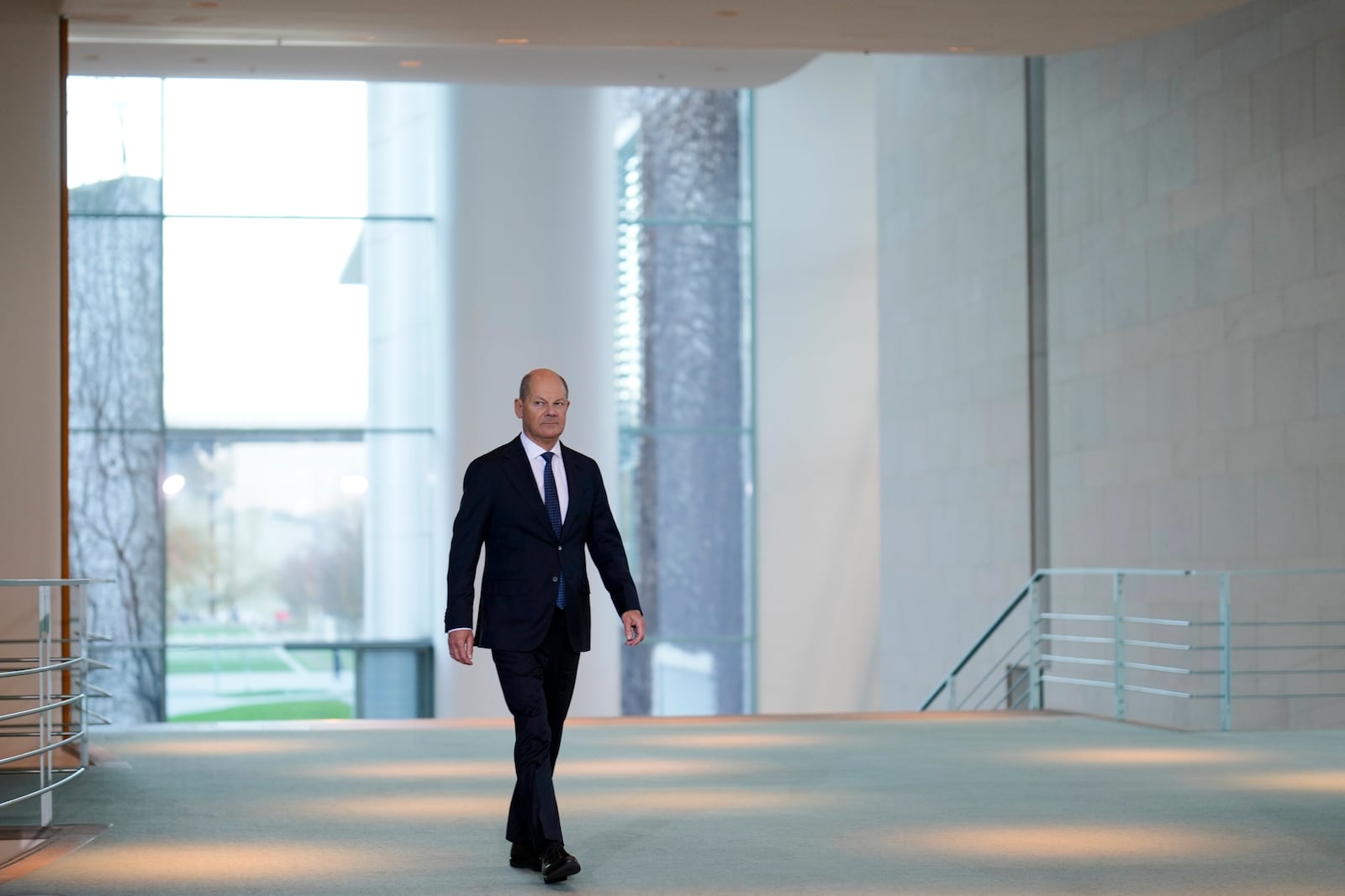 German Chancellor Olaf Scholz arrives for a statement at the chancellery in Berlin, Germany, Wednesday, Jan. 8, 2025. (AP Photo/Markus Schreiber)