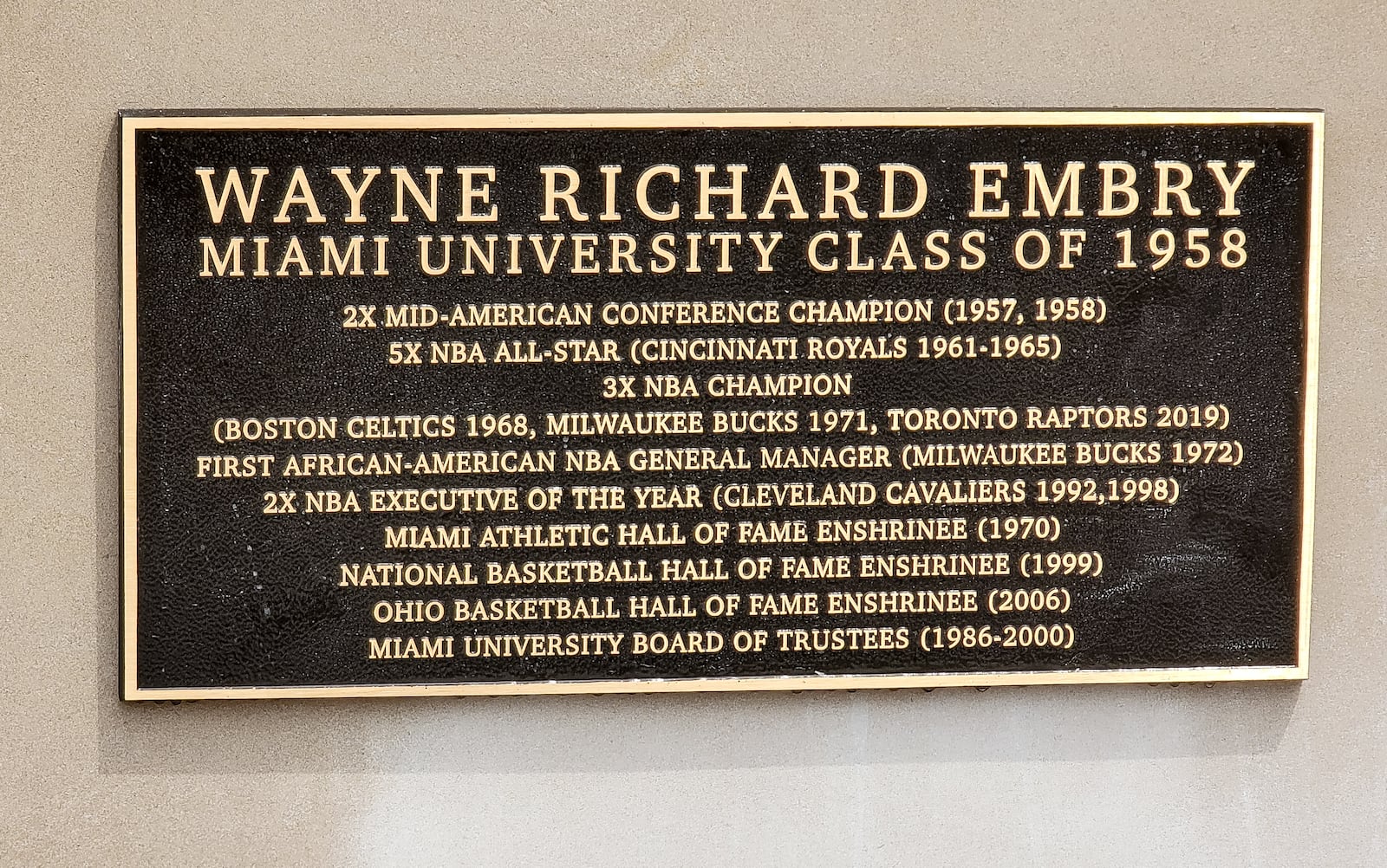 Wayne Embry stands during statue is unveiled in his honor Tuesday, May 18, 2021 at Miami University in Oxford. Wayne Embry and his late wife Theresa Embry, both Miami alumni, were awarded the Freedom of Summer of '64 Award for their life's work as civil right champions and mentors. A statue of Wayne Embry in a basketball pose, created by sculptor Tom Tsuchiya, was unveiled in front of Millett Hall and a scholarship in his name was announced to support Miami varsity men's basketball student athletes. NICK GRAHAM / STAFF