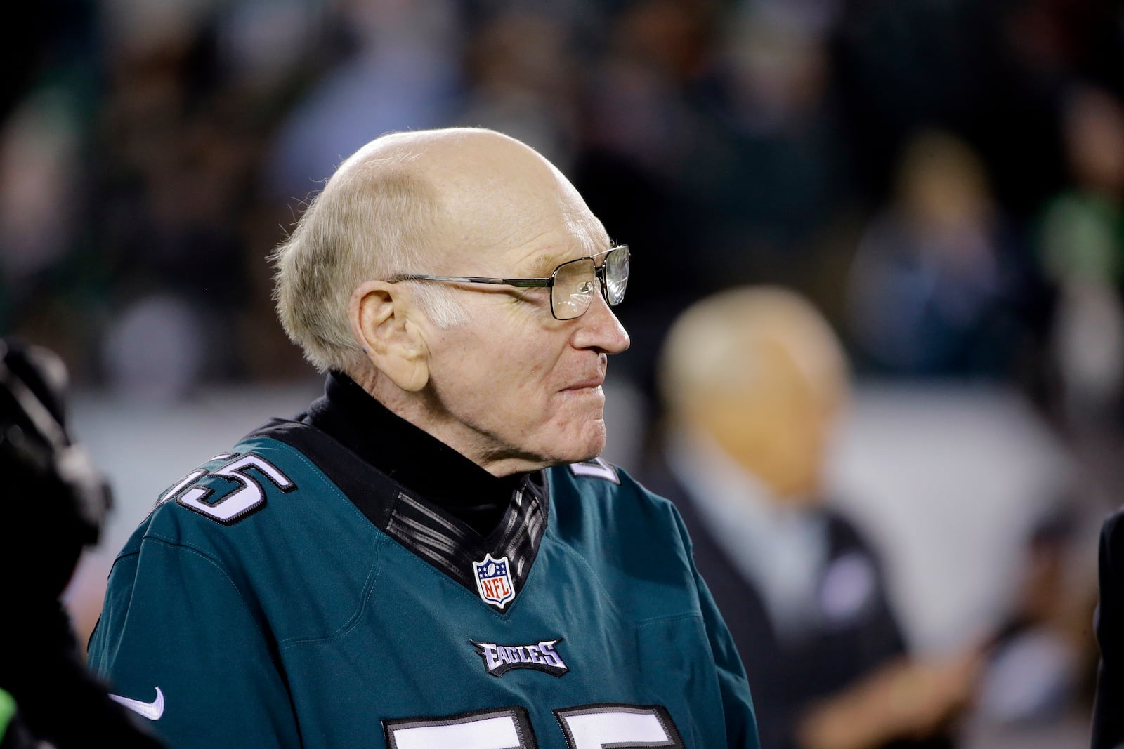 FILE - Former Philadelphia Eagles linebacker Maxie Baughan attends an NFL football game between the Eagles and the New York Giants, Monday, Oct. 19, 2015, in Philadelphia. (AP Photo/Matt Rourke, File)