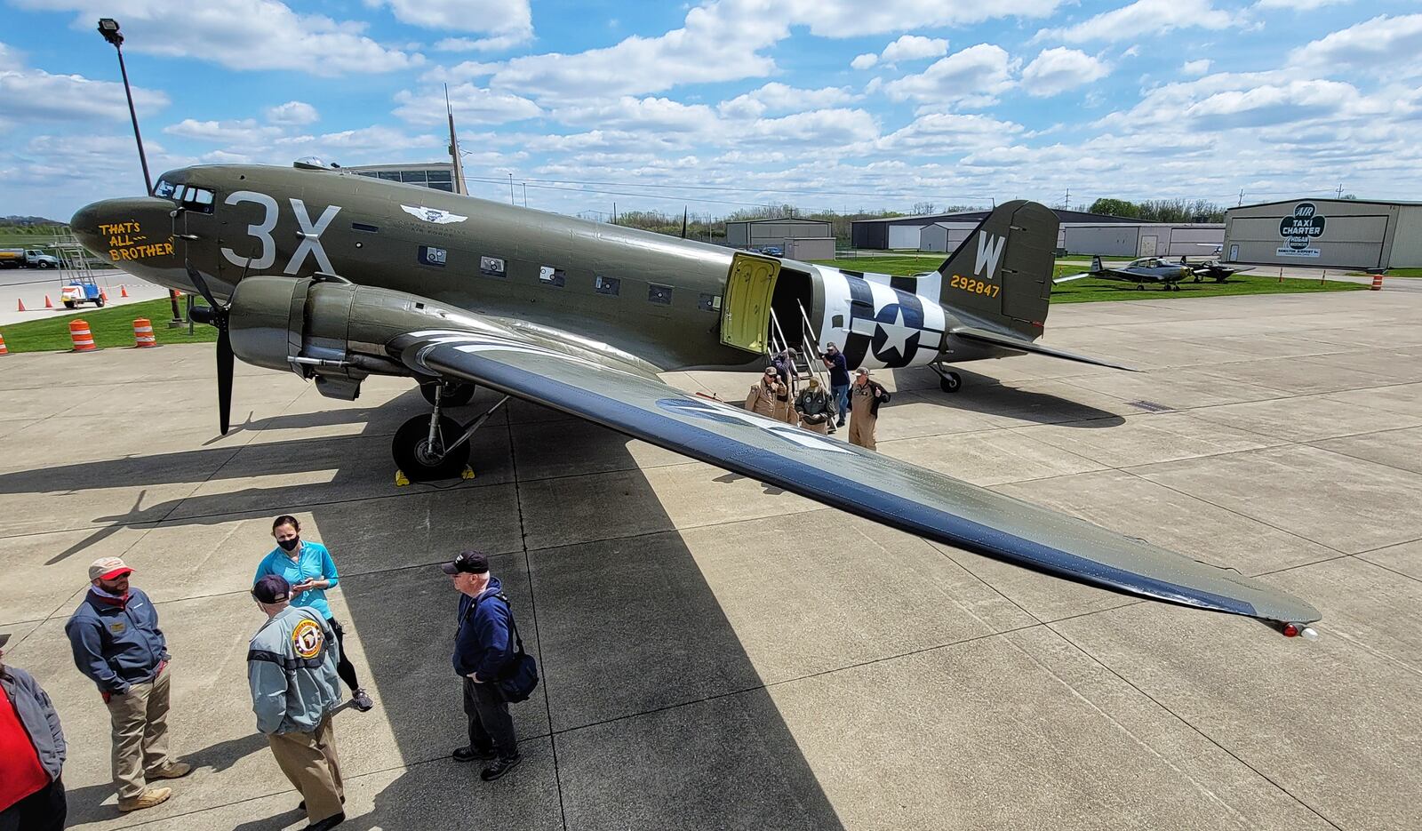 That’s All, Brother, a C-47 piloted by Lt. Col. John Donalson, arrived at Butler County Regional Airport Friday, April 16 for a three-day visit with tours and rides available. The historic WWII C-47 aircraft led over 800 C-47’s over the drop zones of Normandy, France on D-Day on June 6th, 1944. NICK GRAHAM / STAFF