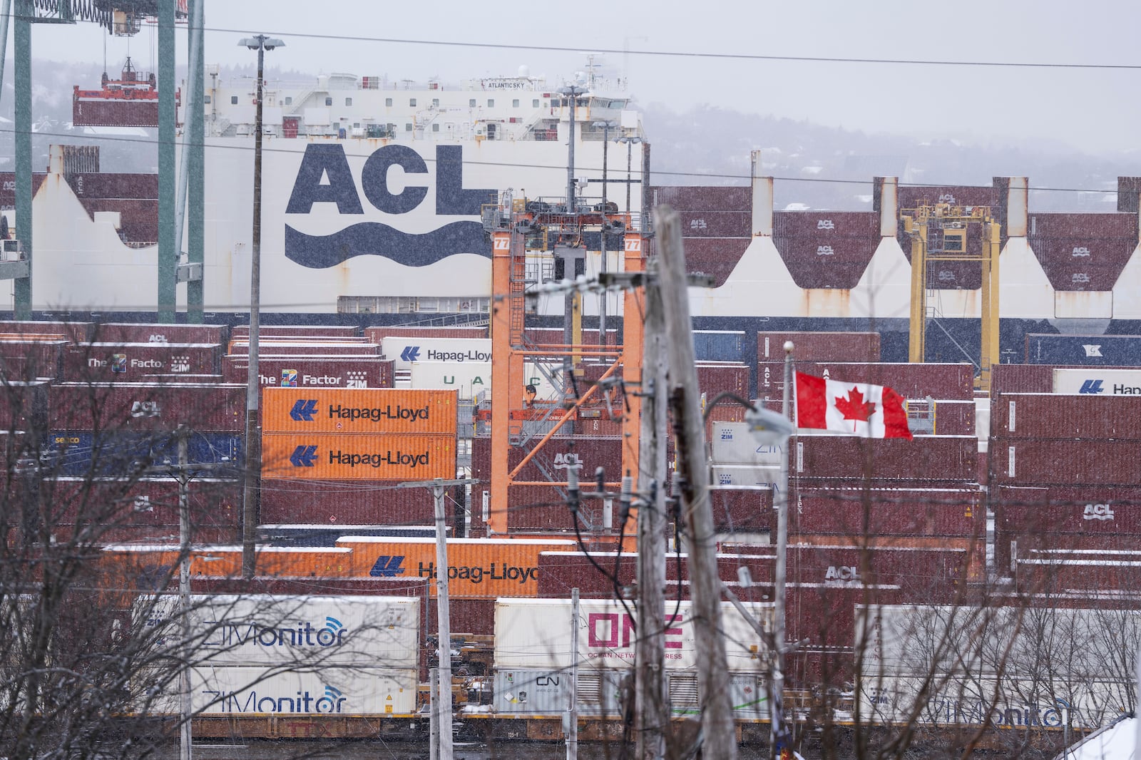 Shipping containers are seen at the PSA Halifax Fairview Cove container terminal in Halifax on Monday, Feb. 3, 2025, one day ahead of imposed tariffs by U.S. President Donald Trump against Canada. (Darren Calabrese/The Canadian Press via AP)