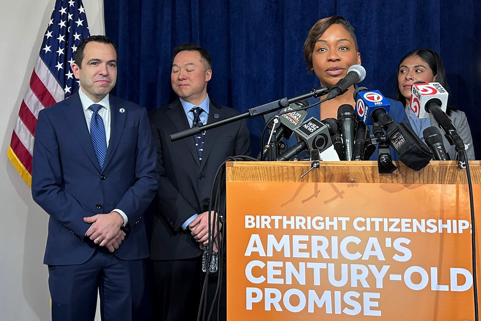 Massachusetts Attorney General Andrea Campbell is joined by New Jersey Attorney General Matthew Platkin and Connecticut Attorney General William Tong at a news conference regarding a federal lawsuit challenging President Donald Trump's executive order seeking to end birthright citizenship for anyone born in the U.S. to someone in the U.S. illegally on Friday, Feb. 7, 2025 in Boston. (AP Photo/Michael Casey)