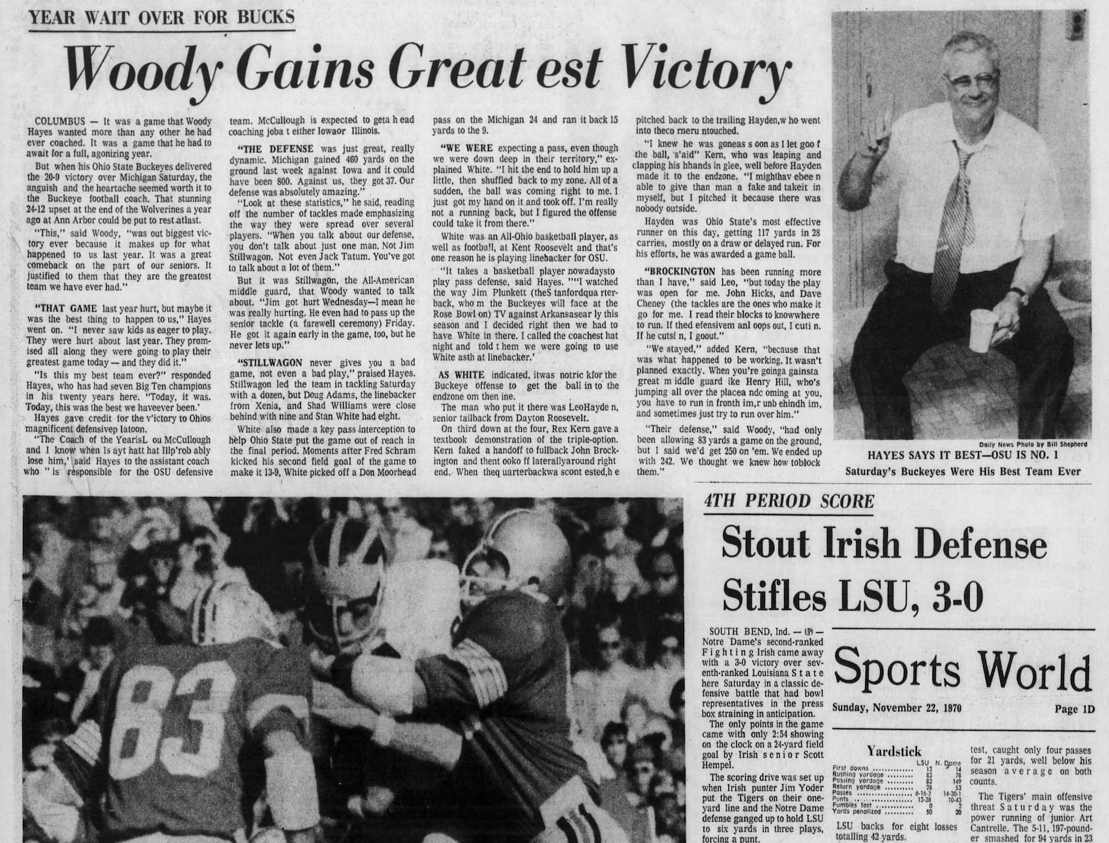 The front page of the Dayton Daily News sports section the day after Ohio State beat Michigan in 1970.