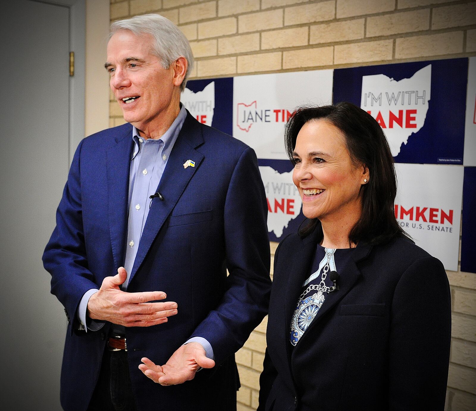 Jane Timken, Republican candidate for U.S. Senate, and current U.S. Senator Rob Portman, R-Ohio, visit the Montgomery County Republican Party headquarters Friday March 4, 2022. MARSHALL GORBY\STAFF