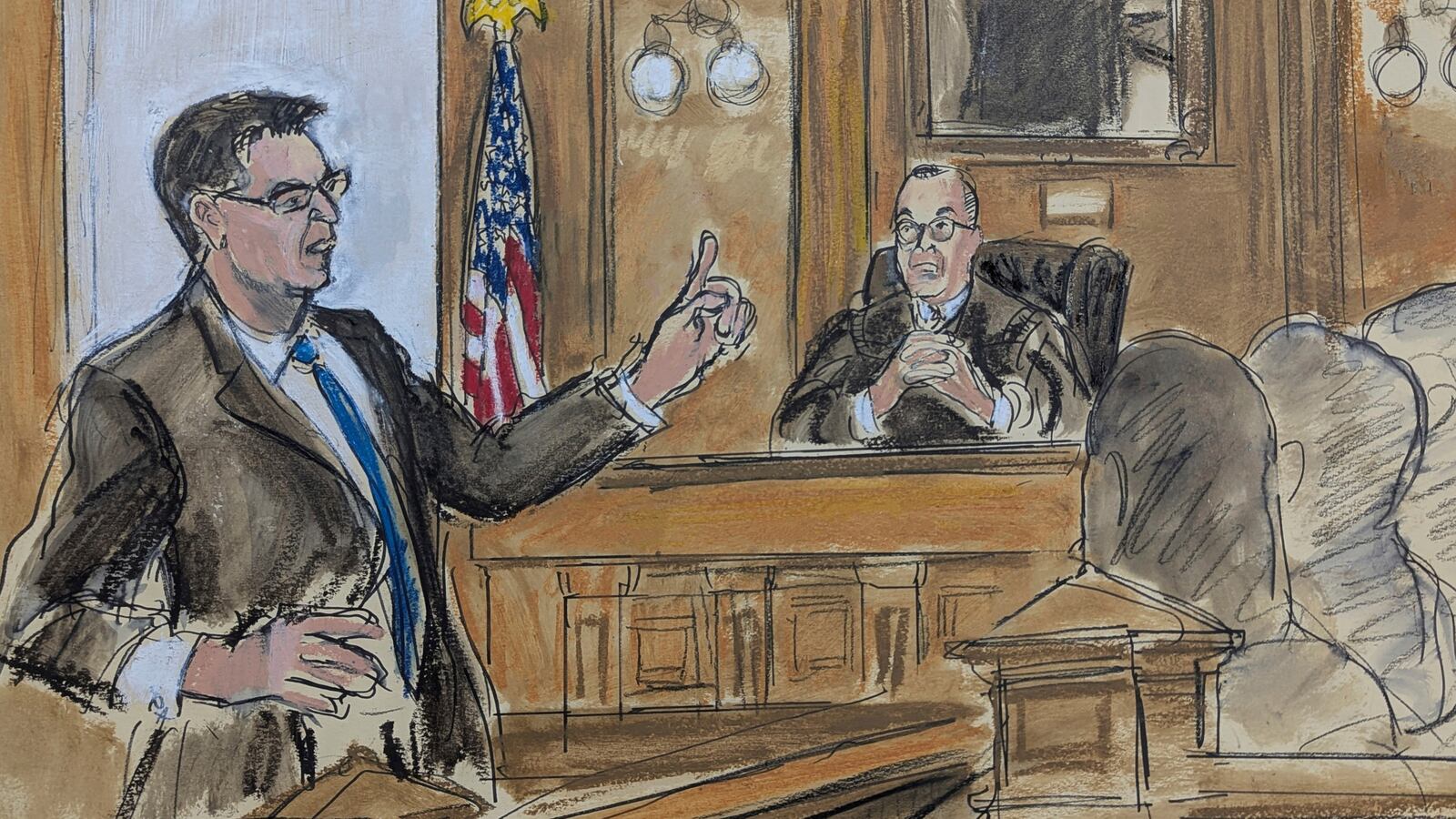 In this courtroom sketch, District Attorney Jason Schmidt presents his opening statement in the trial of Hadi Matar, iin Chautauqua County court, in Mayville, NY, Monday, Feb. 10, 2025, as Judge David Foley is seated on the bench. (Elizabeth Williams via AP)