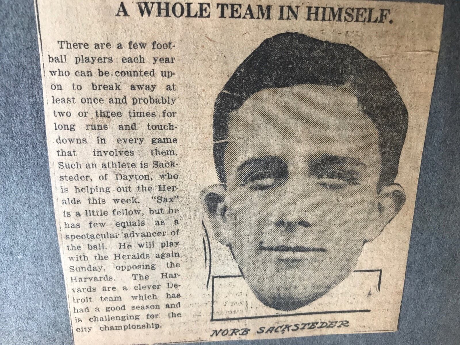 “A Whole Team in Himself,” Detroit News headline from Nov. 25, 1916 when Sacksteder played for the Detroit Heralds. Tom Archdeacon/STAFF