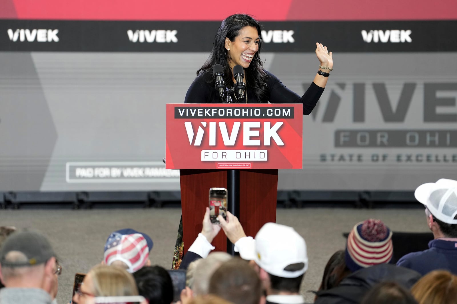 Apoorva Ramaswamy is introduced before her husband, Vivek Ramaswamy, announced his candidacy for Ohio governor, Monday, Feb. 24, 2025, in West Chester Township, Ohio. (AP Photo/Kareem Elgazzar)