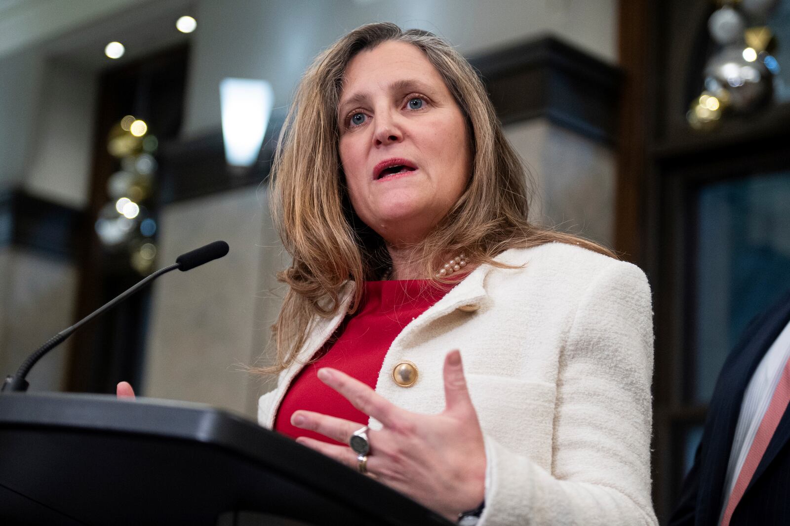 Minister of Finance and Deputy Prime Minister Chrystia Freeland delivers remarks on Parliament Hill in Ottawa, Ontario, Wednesday, Dec. 11, 2024. (Spencer Colby/The Canadian Press via AP)