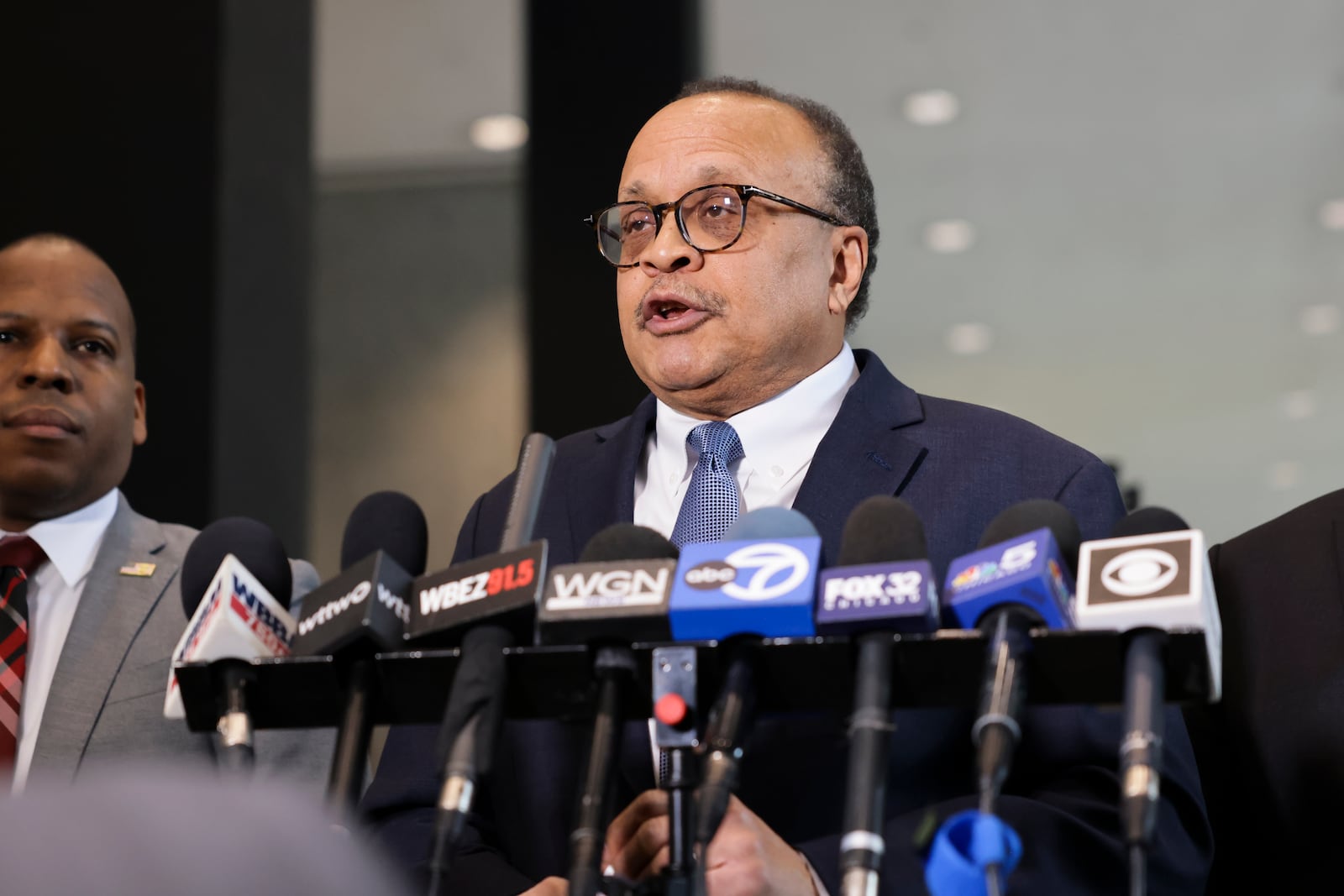 Acting U.S. Attorney Morris Pasquale speaks with the press after the trail of Michael Madigan and Michael McClain at Dirksen Federal Courthouse in Chicago, Wednesday, Feb. 12, 2025. (Anthony Vazquez/Chicago Sun-Times via AP)