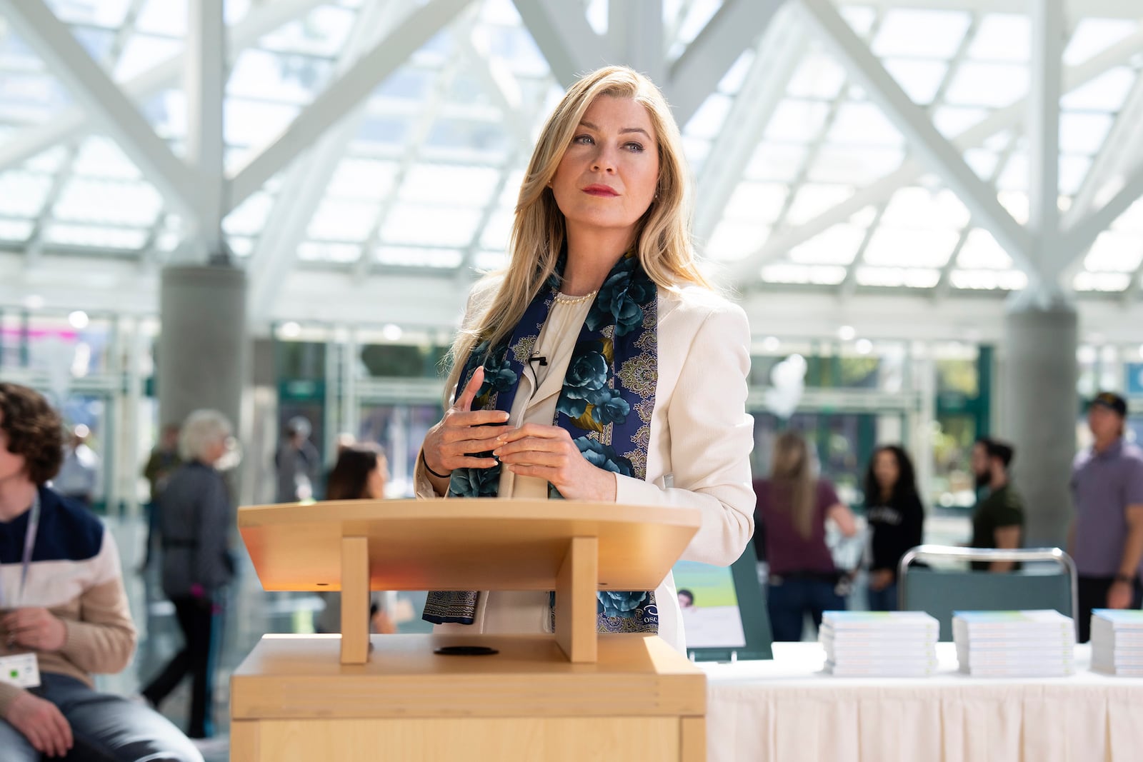 This image released by Disney shows Ellen Pompeo in a scene from "Good American Family." (Ser Baffo/Disney via AP)