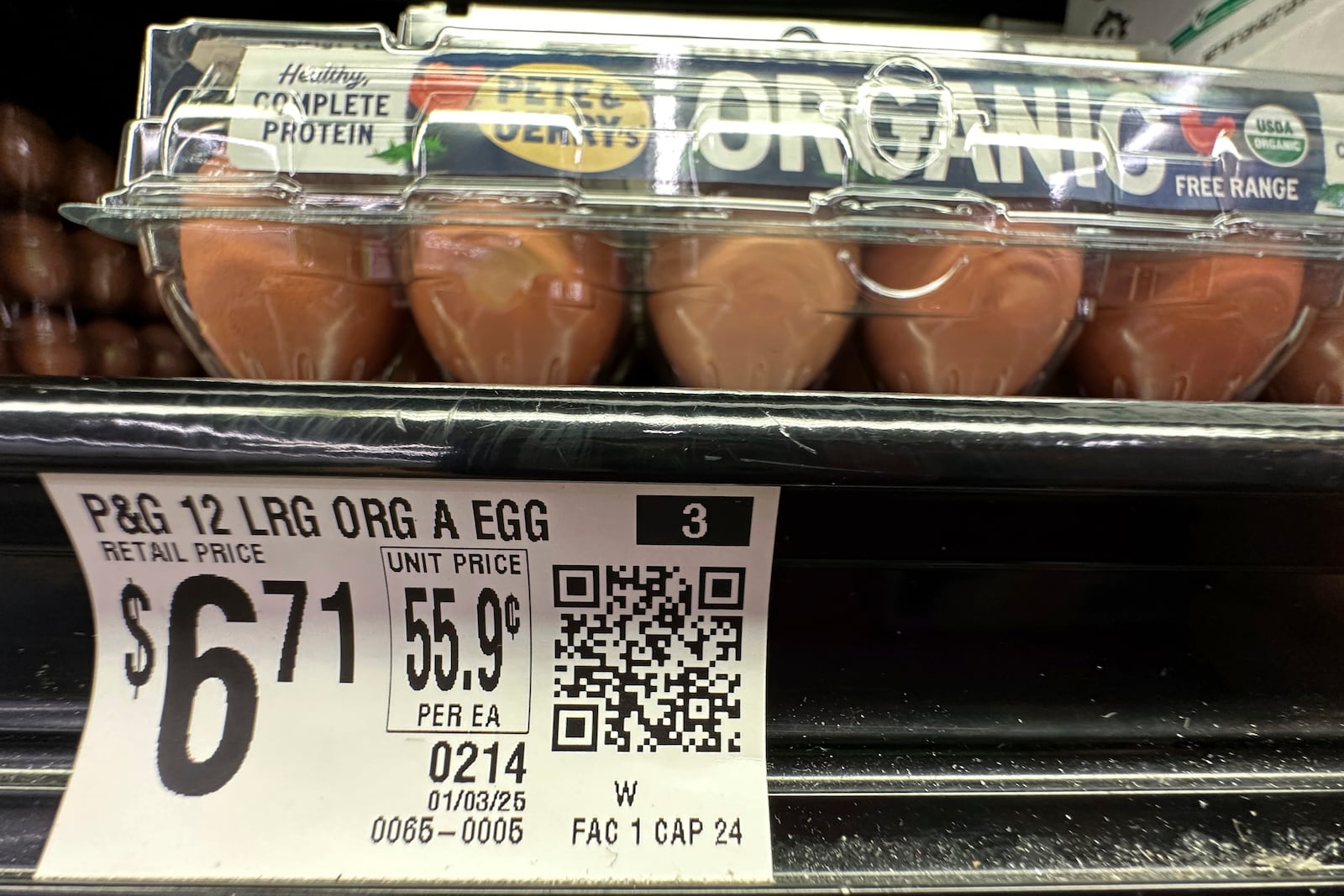 Eggs sit for sale at a grocery store, Monday, Jan. 27, 2025, in Windham, Maine. (AP Photo/Robert F. Bukaty)