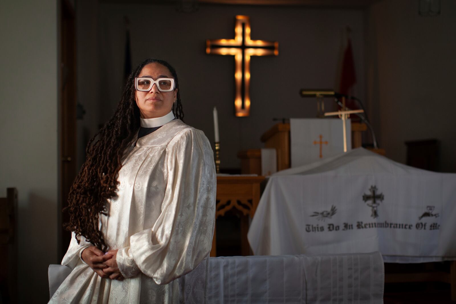 The Rev. Jennifer Susanne Leath poses for a photo at Tanner-Price AME Church in Windsor, Ont., Sunday, Oct. 6, 2024. (AP Photo/Dax Melmer)